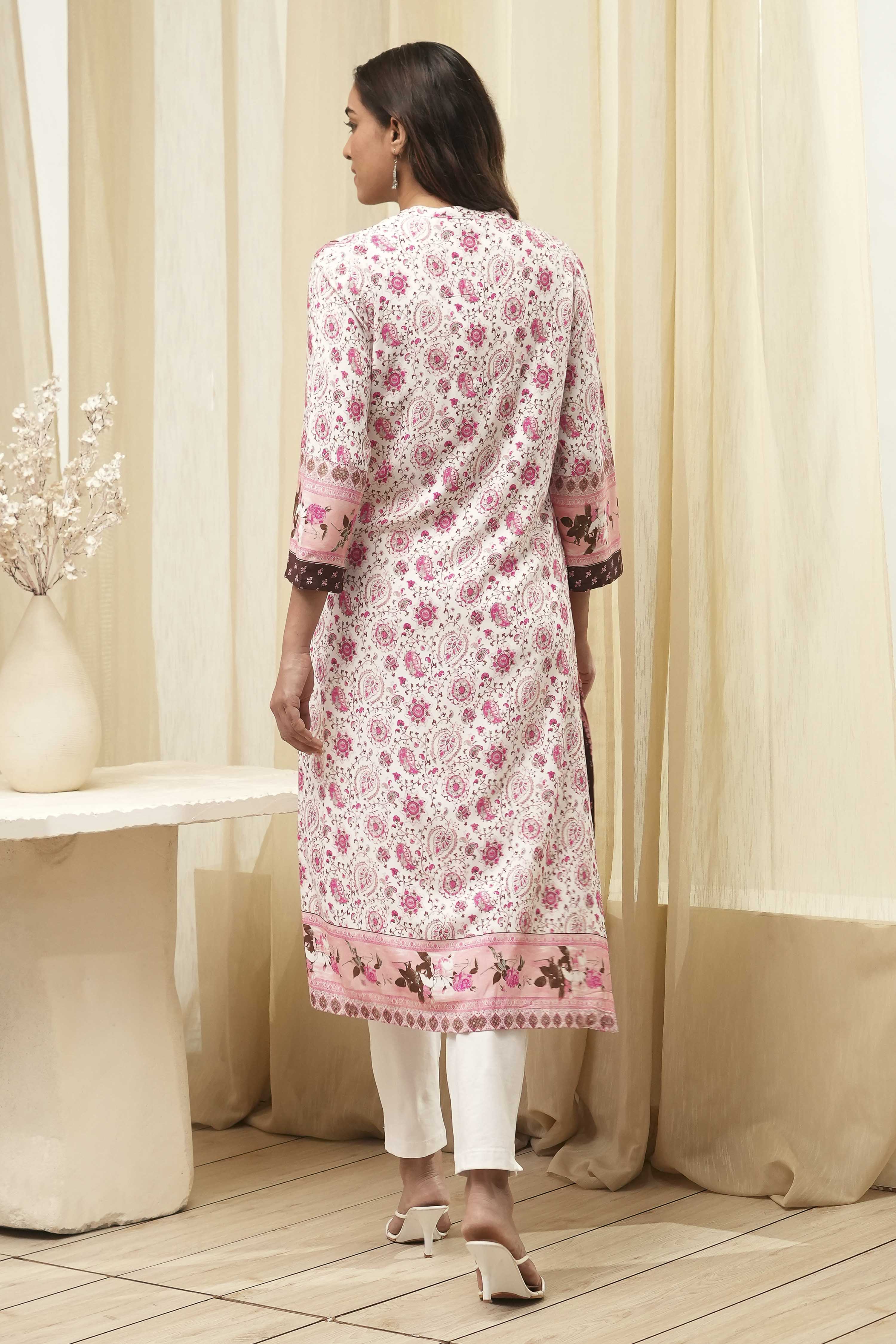 Peach Rayon A-Line Printed Kurta image number 3