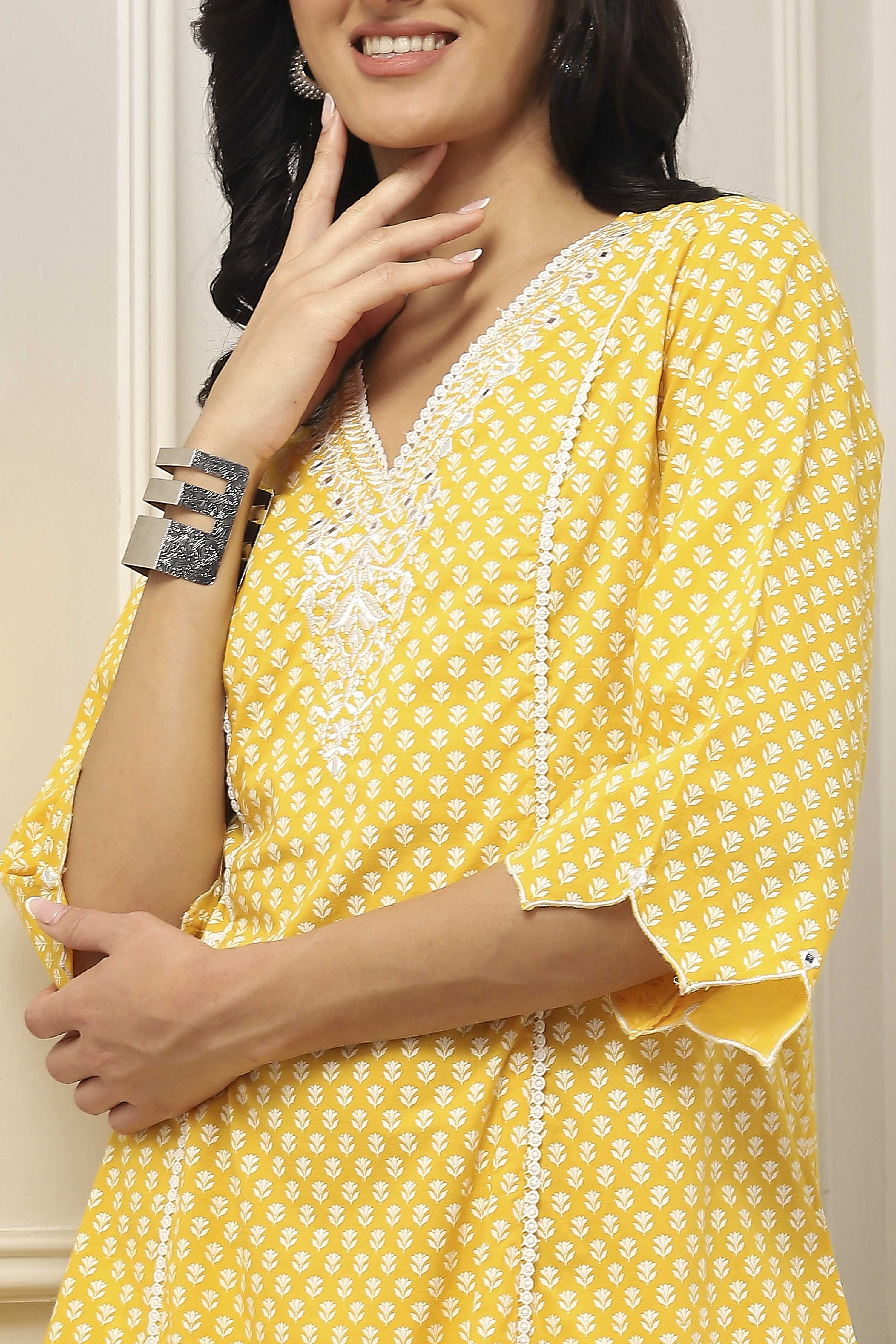 Yellow Cotton Kalidar Kurta Palazzo Set image number 1