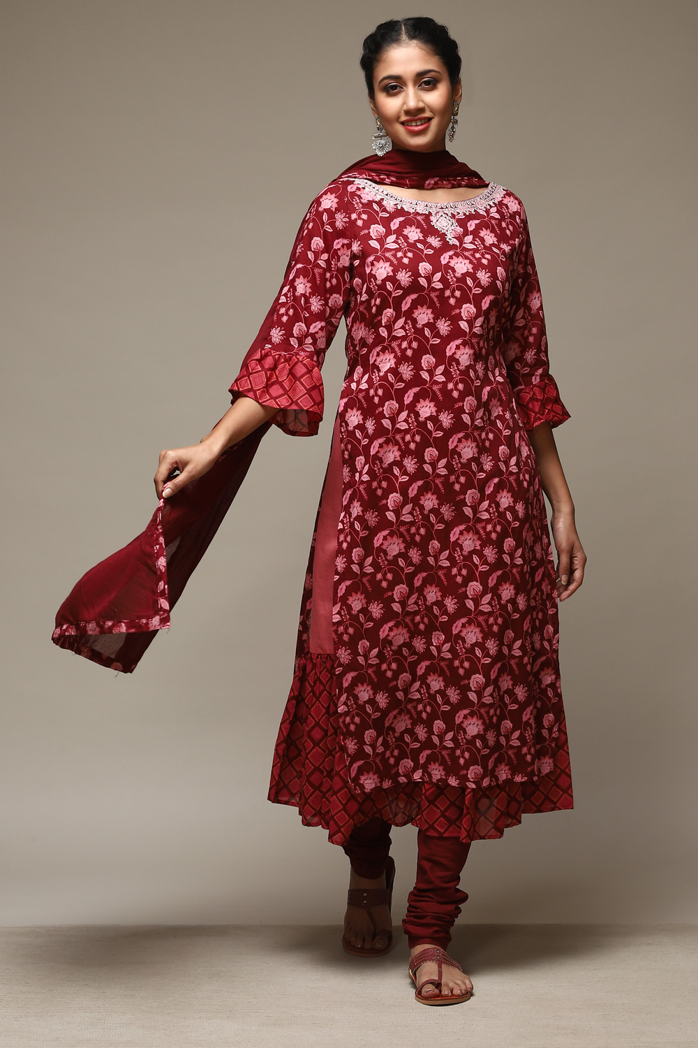 Maroon Cotton Layered Kurta Churidar Suit Set image number 8