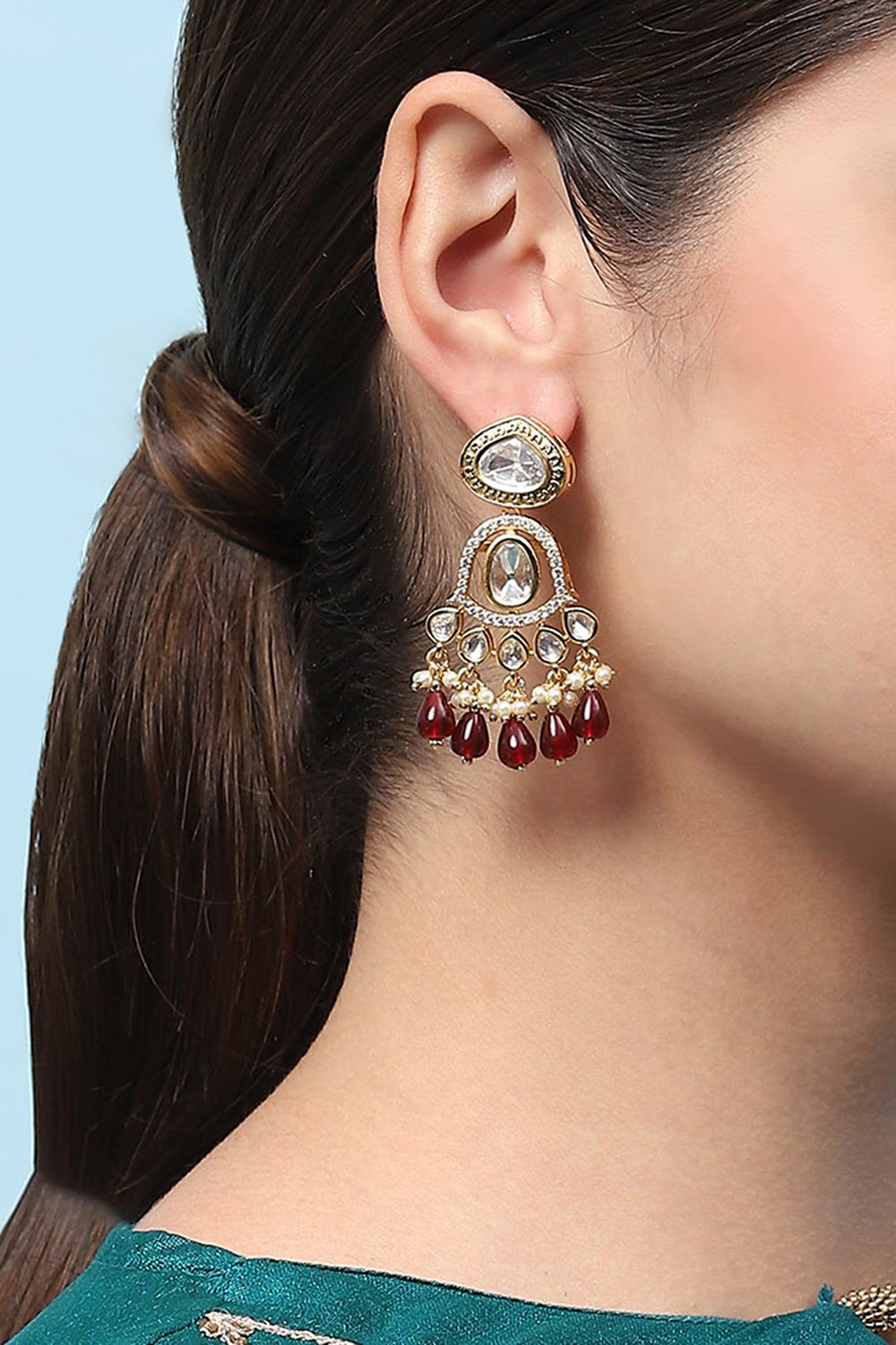 Red Kundan Festive Drop & Danglers image number 3