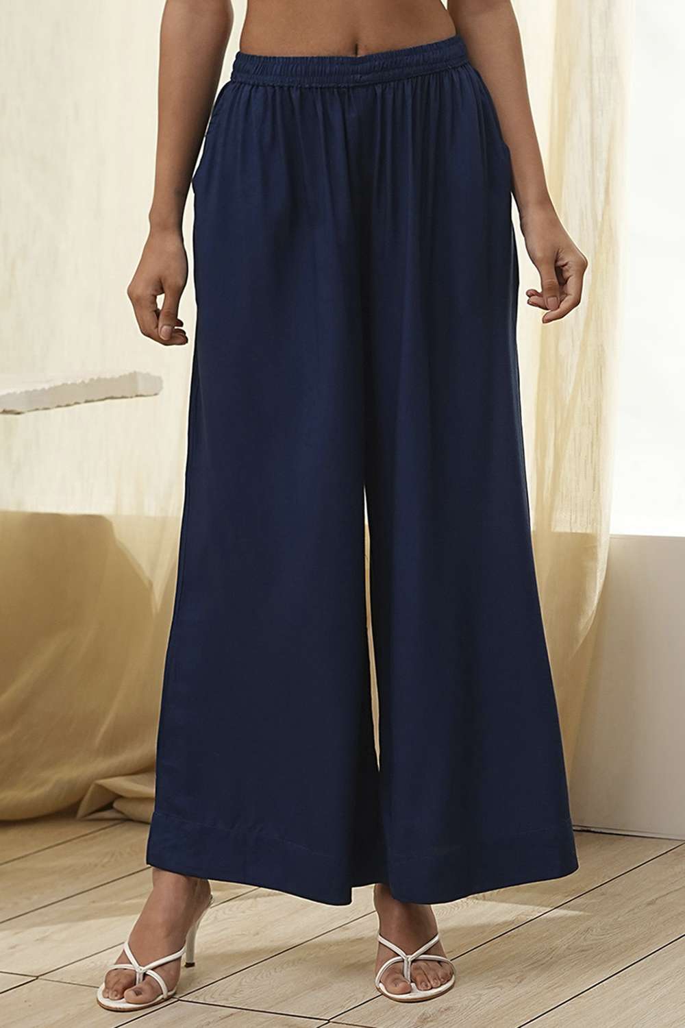 Navy Blue Viscose Solid Straight Palazzos image number 4