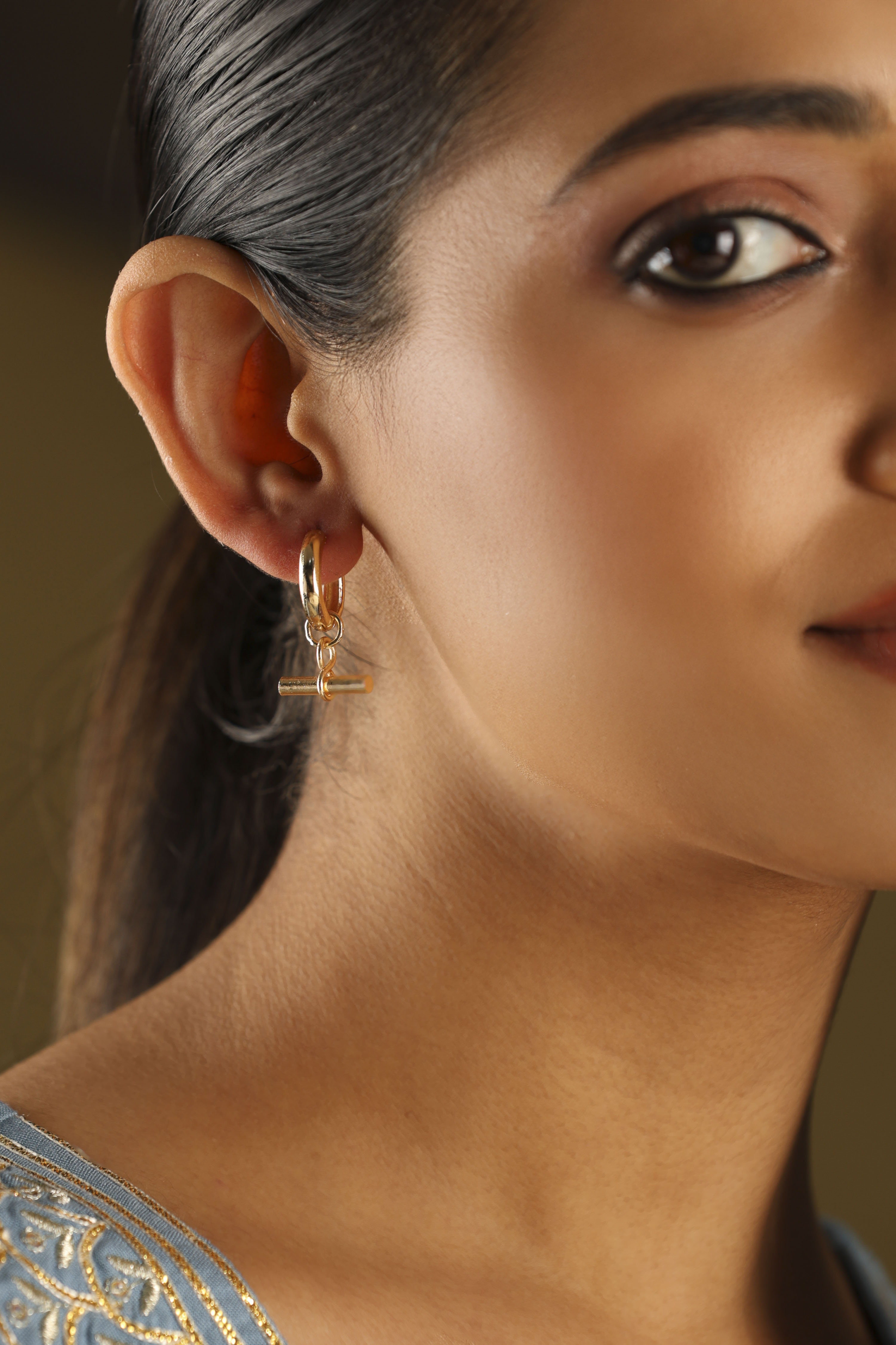 Gold Plated Brass T-Bar Hoop Drop Earrings image number 1