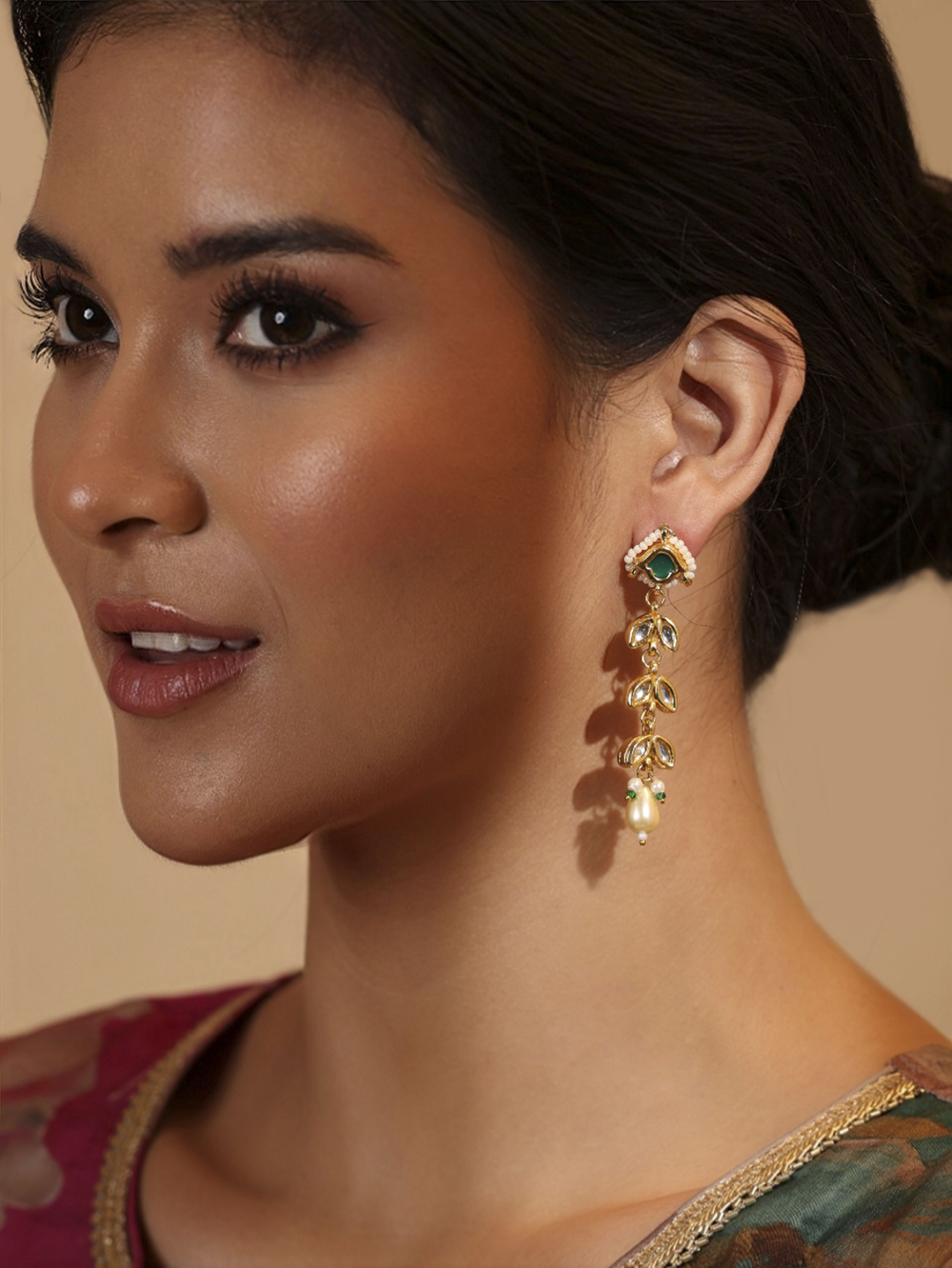Green Gold Plated Brass Drop Studded Earrings image number 1