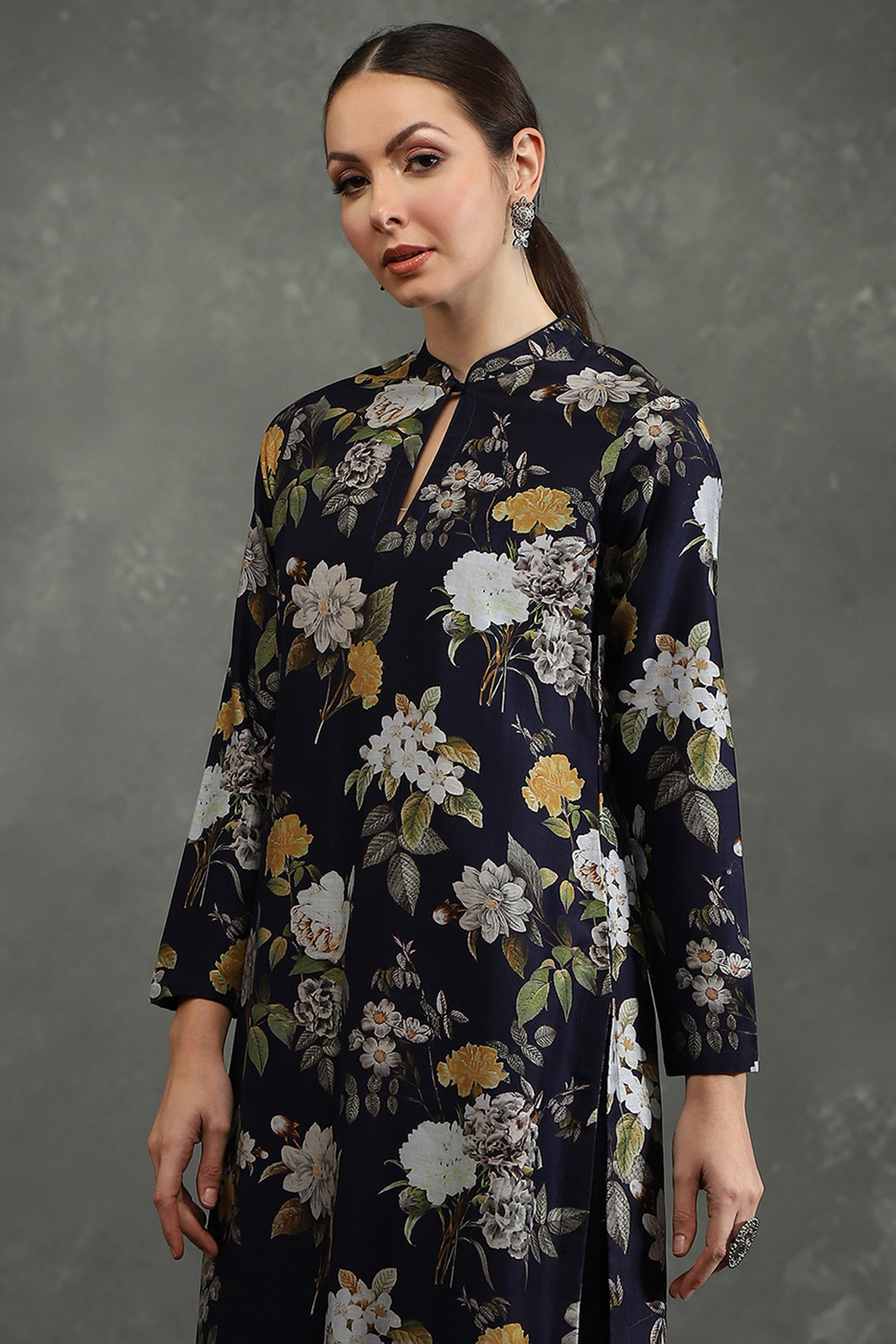 Indigo Silk Chanderi Floral Printed Straight Kurta Set image number 1