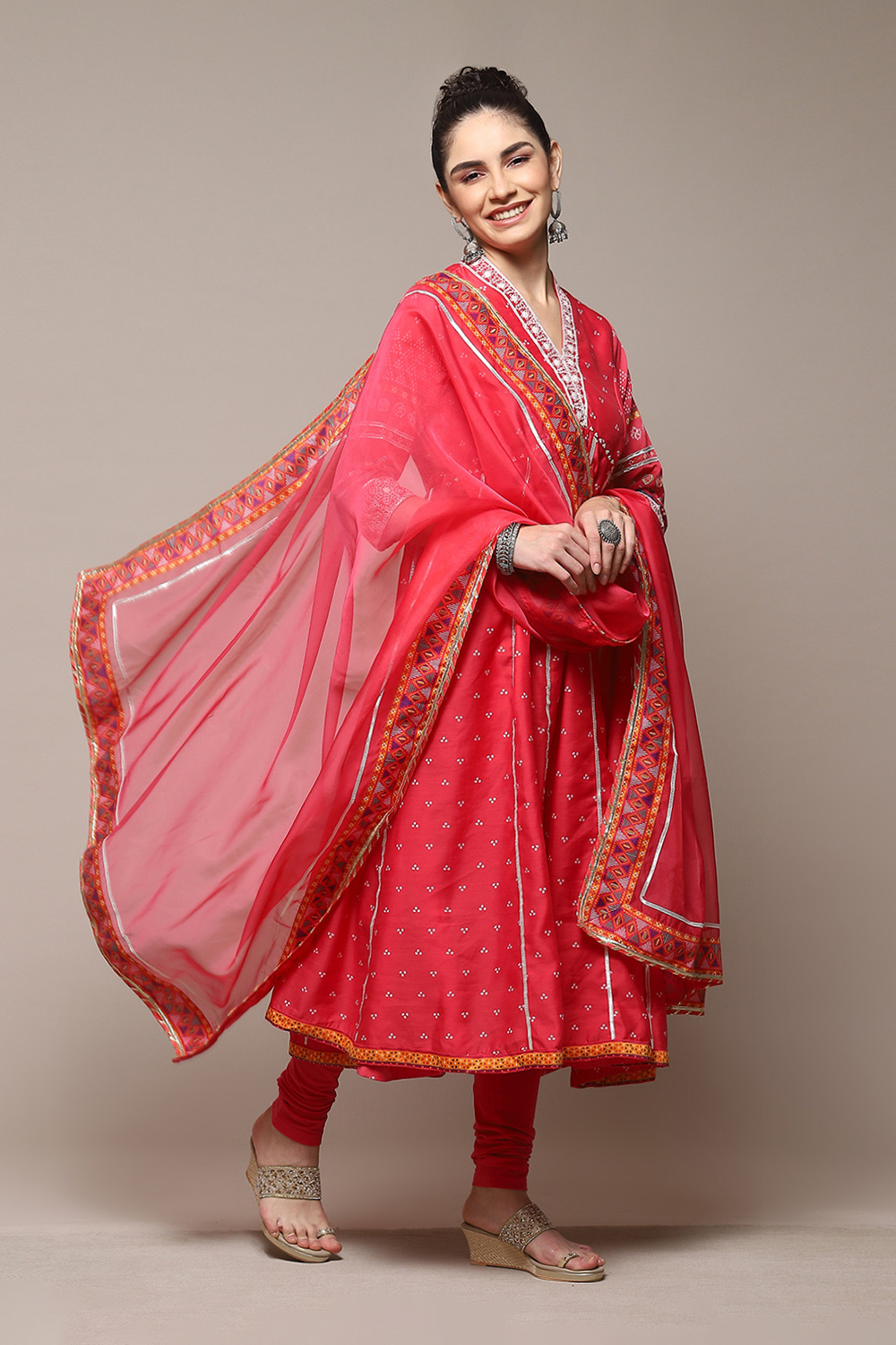 Mehandi Poly Cotton Anarkali Kurta Palazzo Suit Set image number 5