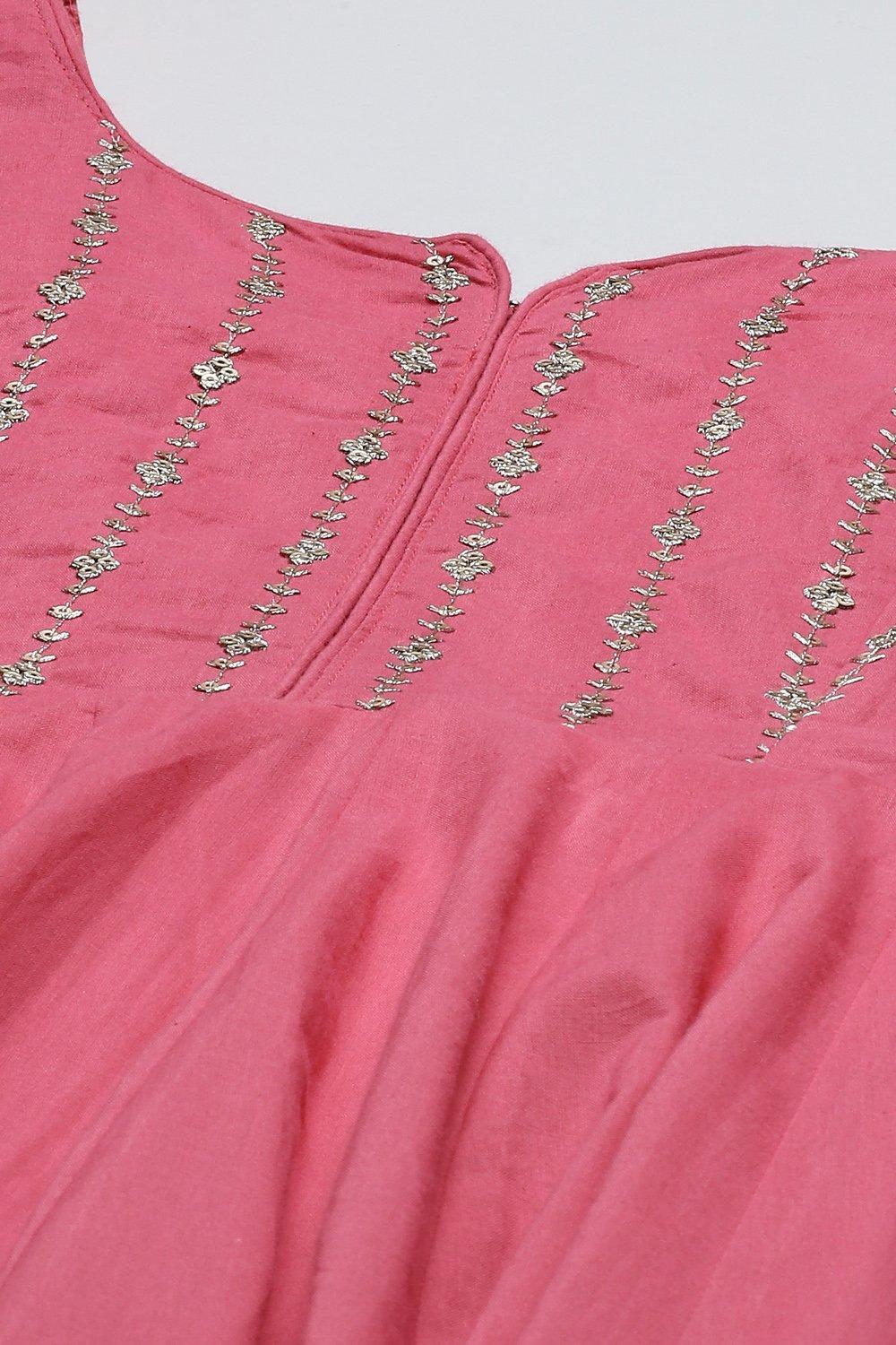 Pink Embroidered Cotton Anarkali Kurta Churidar Suit Set image number 1