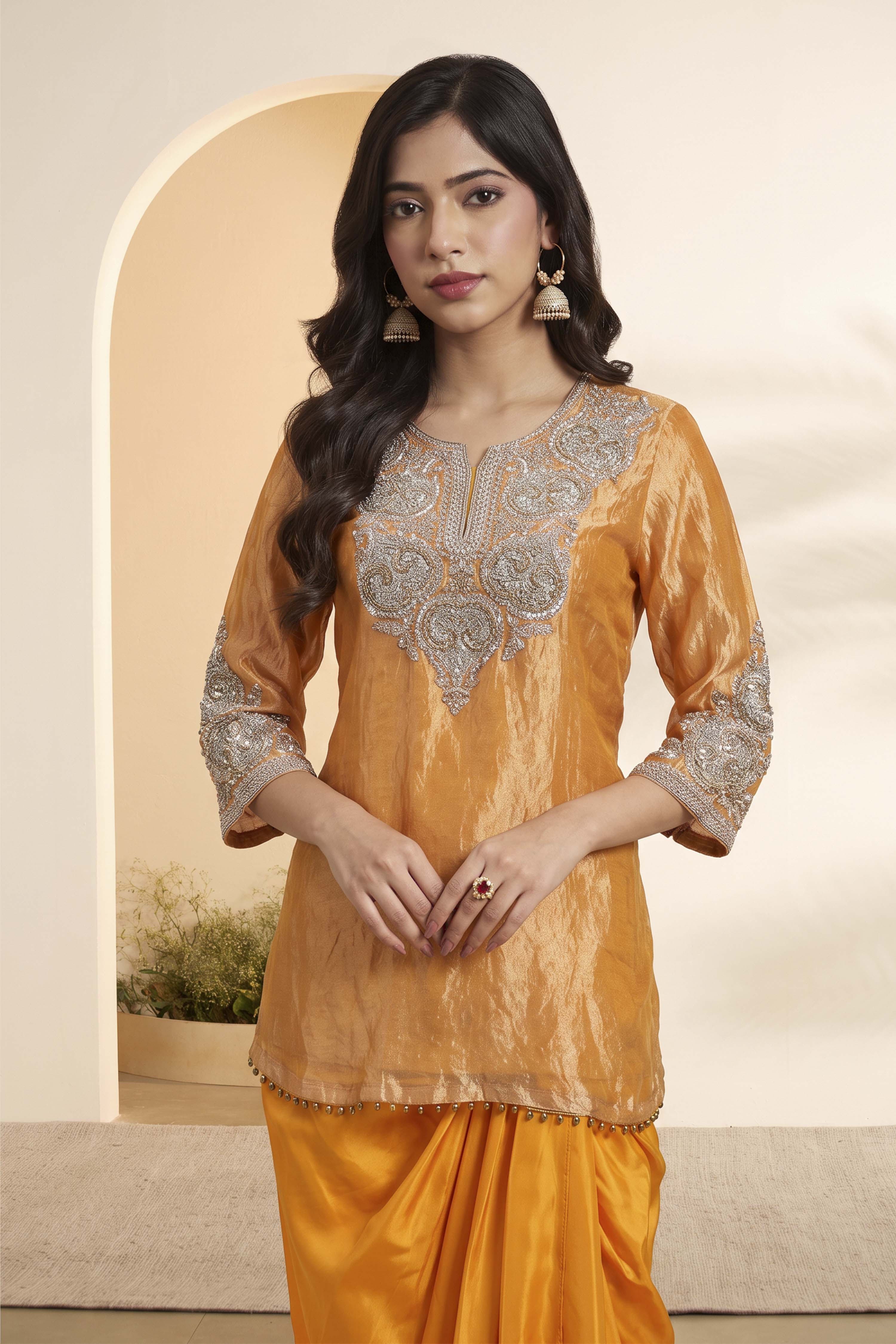 Orange Silk Tissue Embroidered Kurta with Drape Skirt image number 1