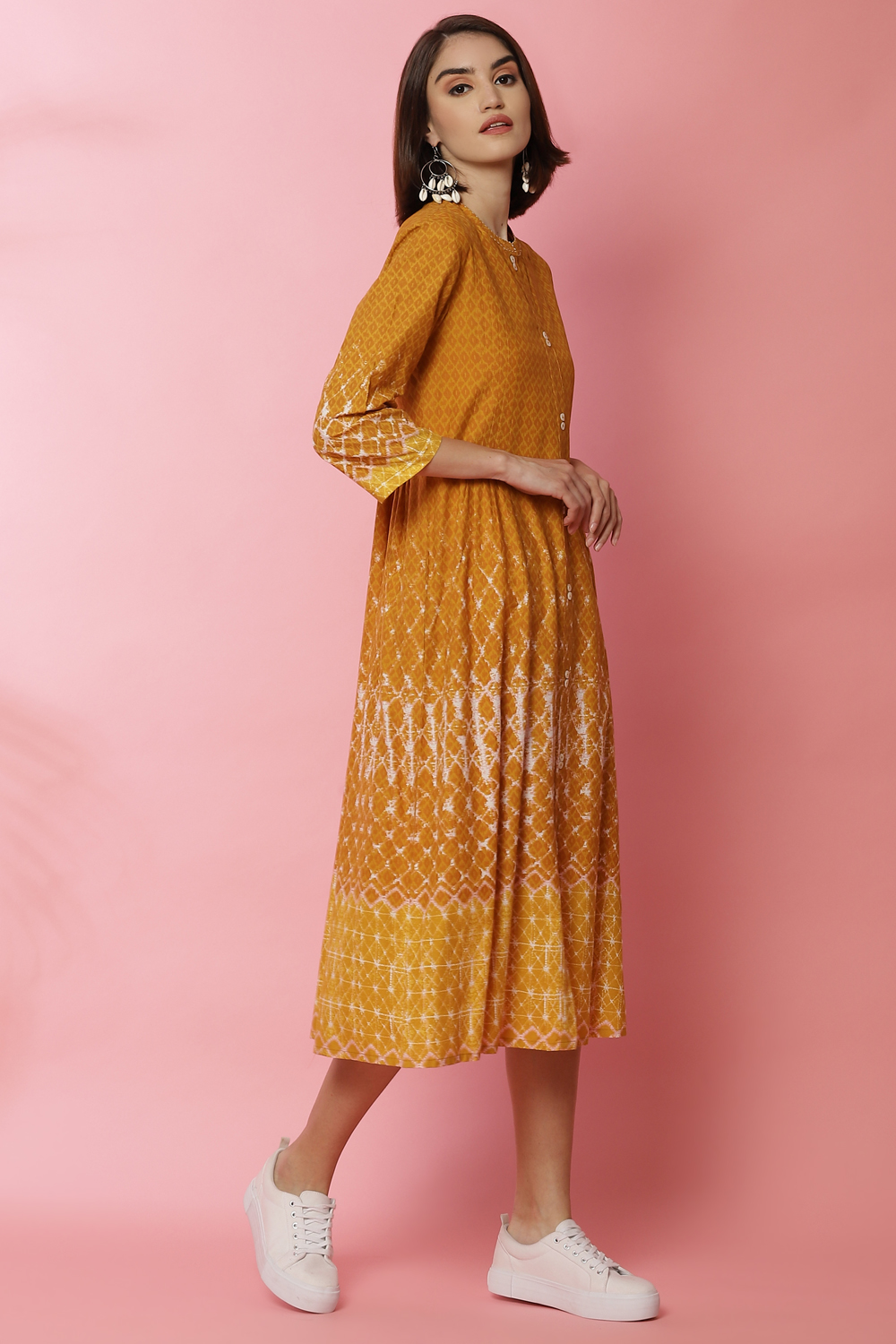 Mustard Rayon A-Line Printed Dress image number 2