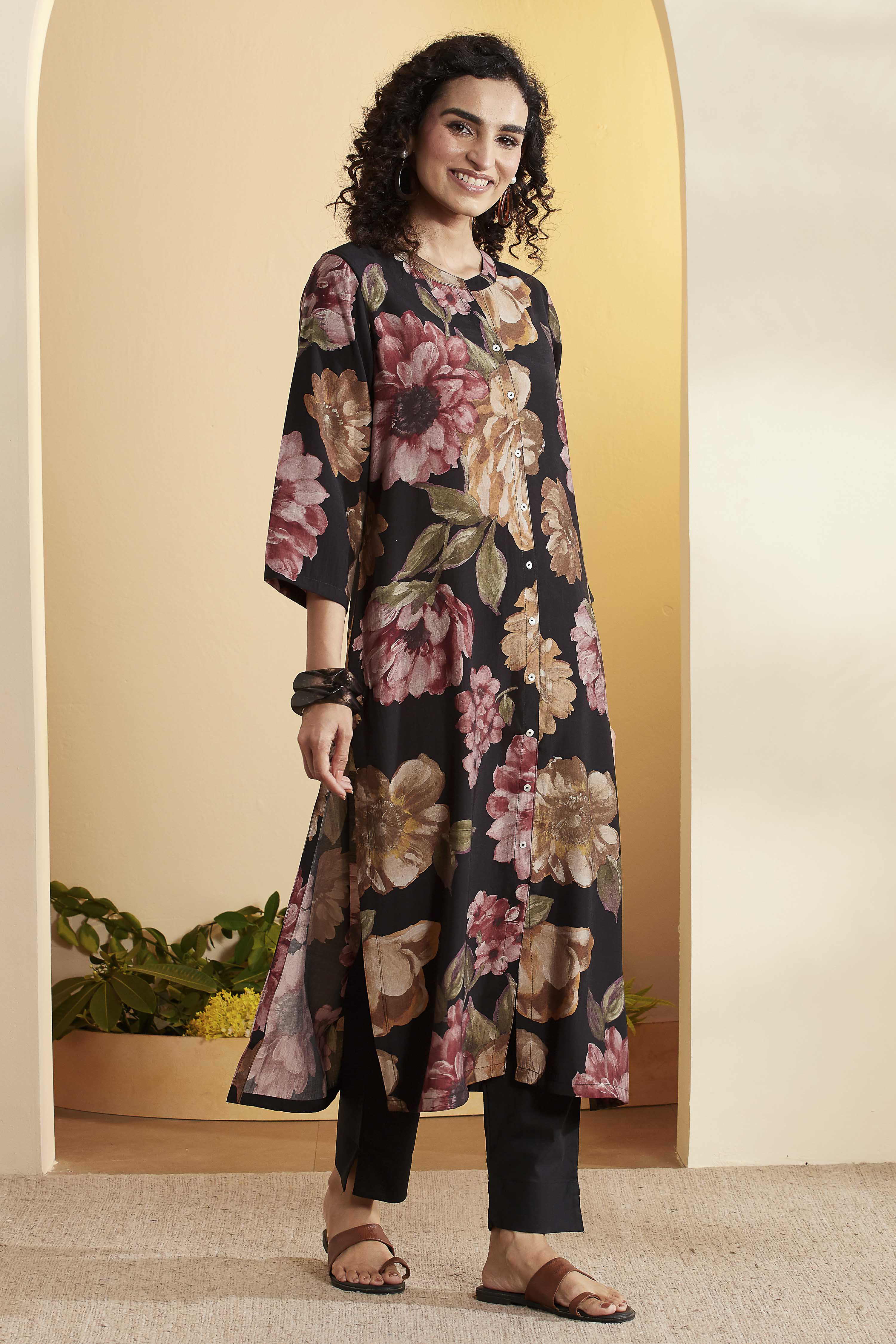 Grey Poly Viscose Floral  A-Line Kurta image number 3