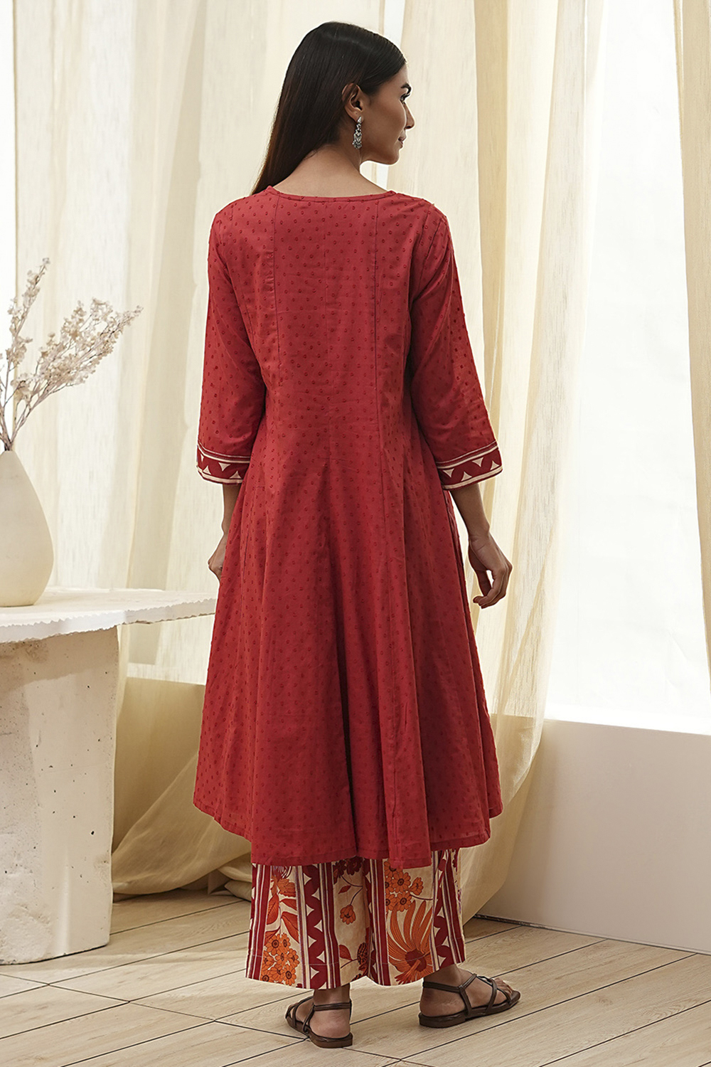 Rust Cotton Yarn-Dyed Kalidar Suit Set image number 4