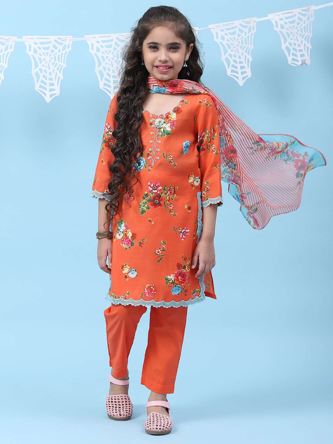Orange Art Silk Straight Kurta Regular Pant Suit Set image number 0
