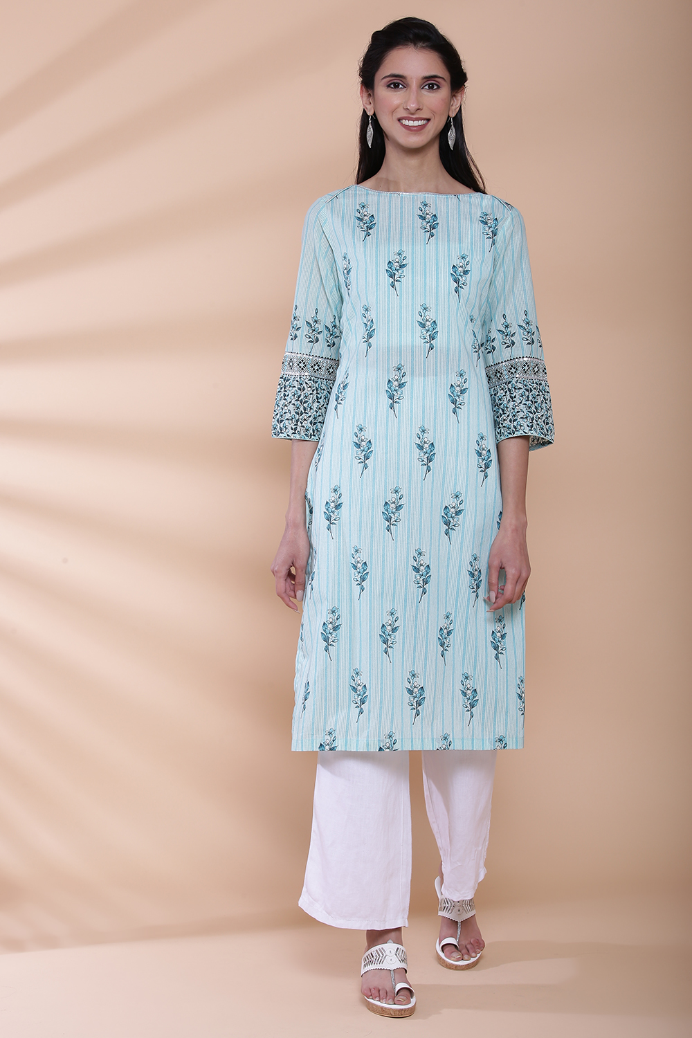 Turquoise Cotton Straight Kurta image number 0