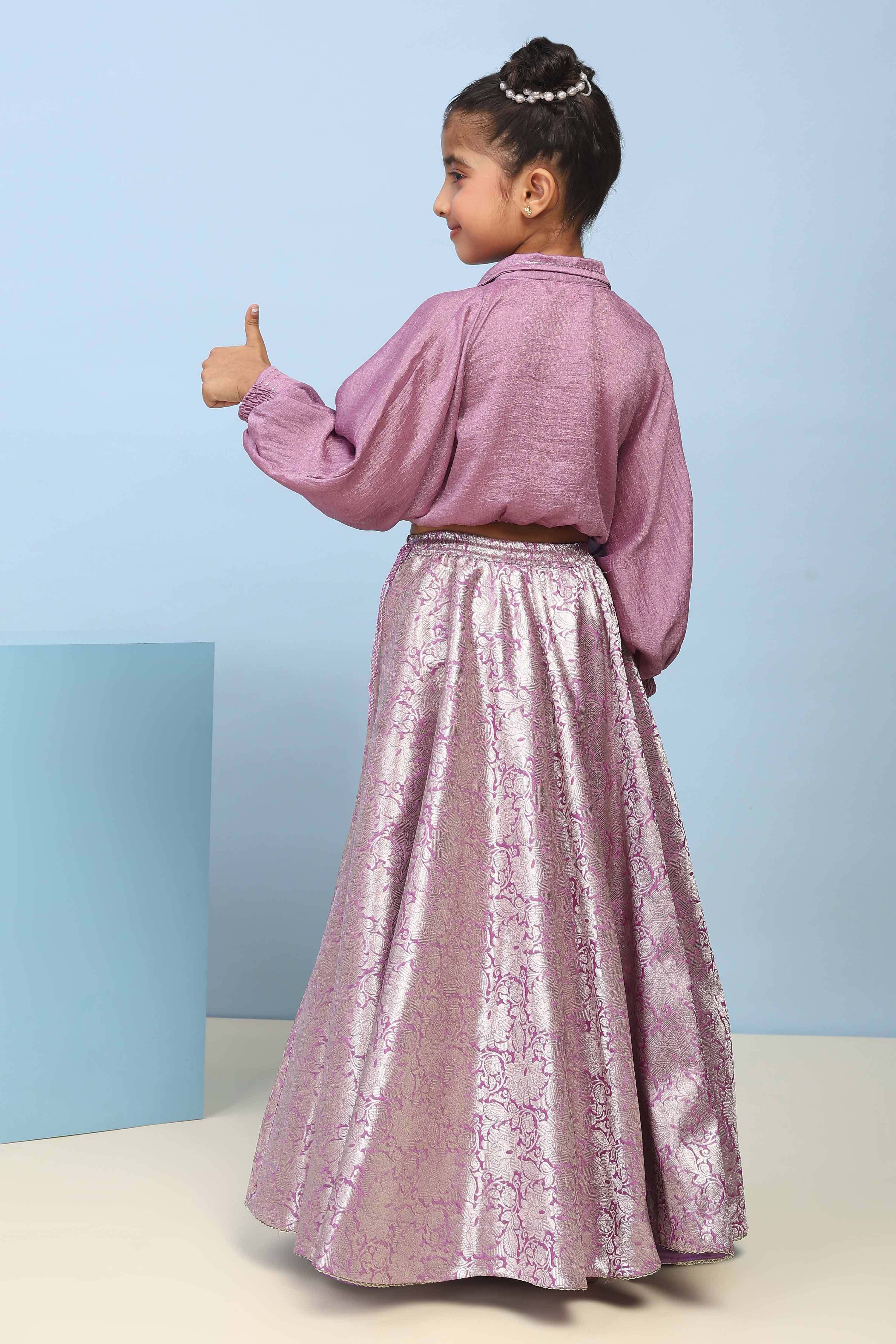 Lilac Polyester Flared Lehenga Set image number 4