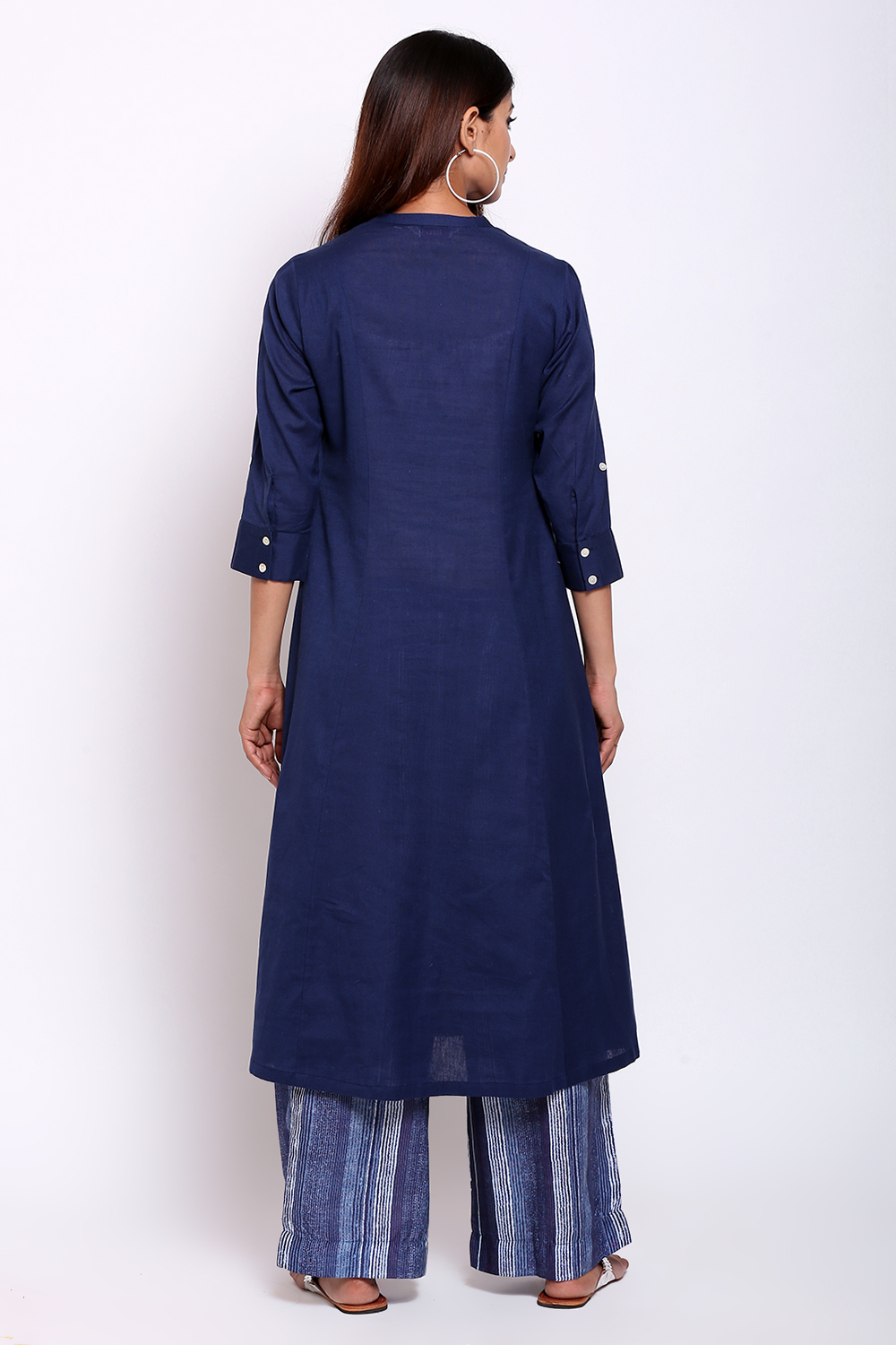 Navy Blue Cotton Flax A-Line Kurta Palazzo Suit Set image number 5