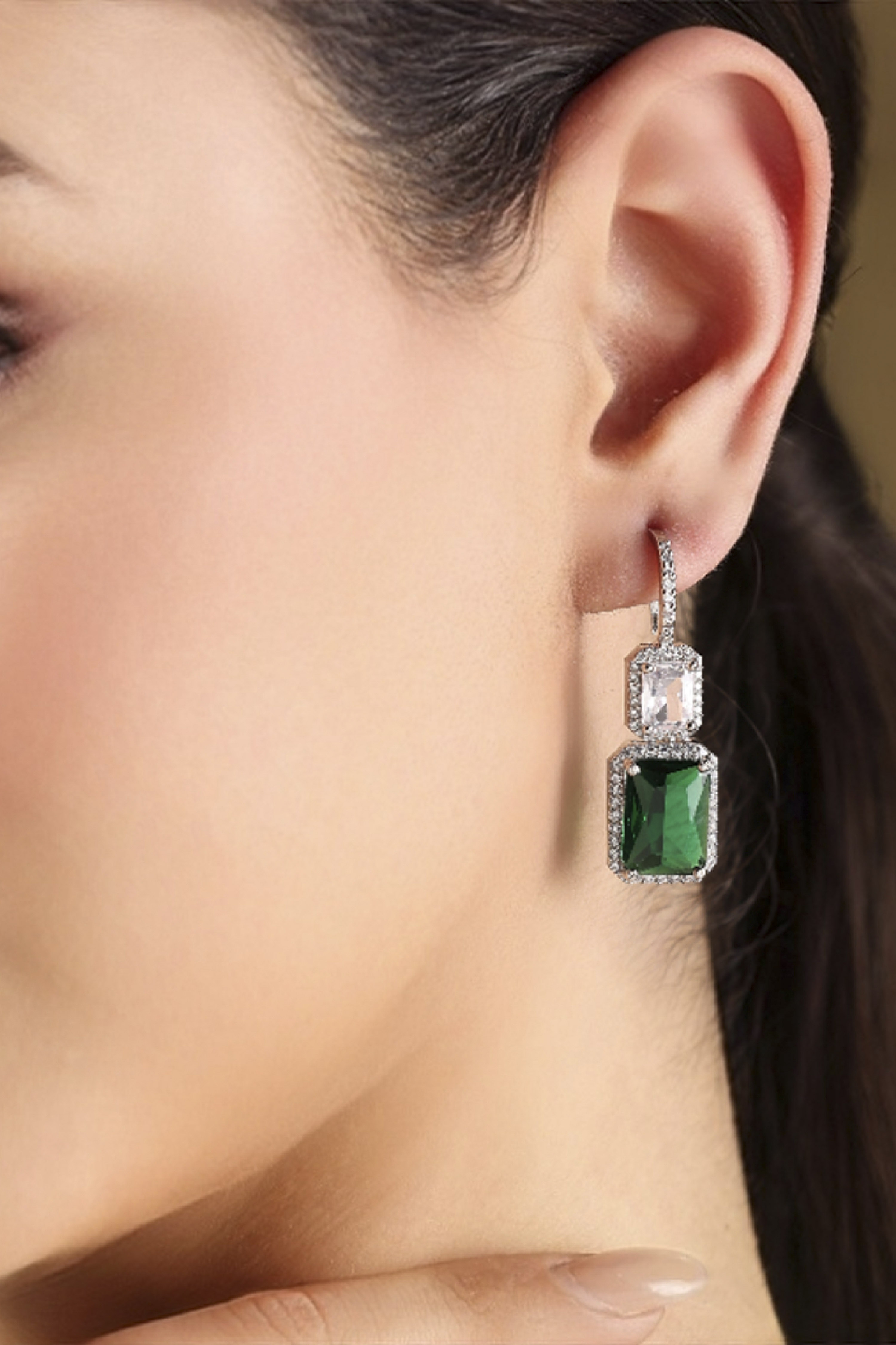 Green Silver Plated Stone Studded Drop Earrings image number 1