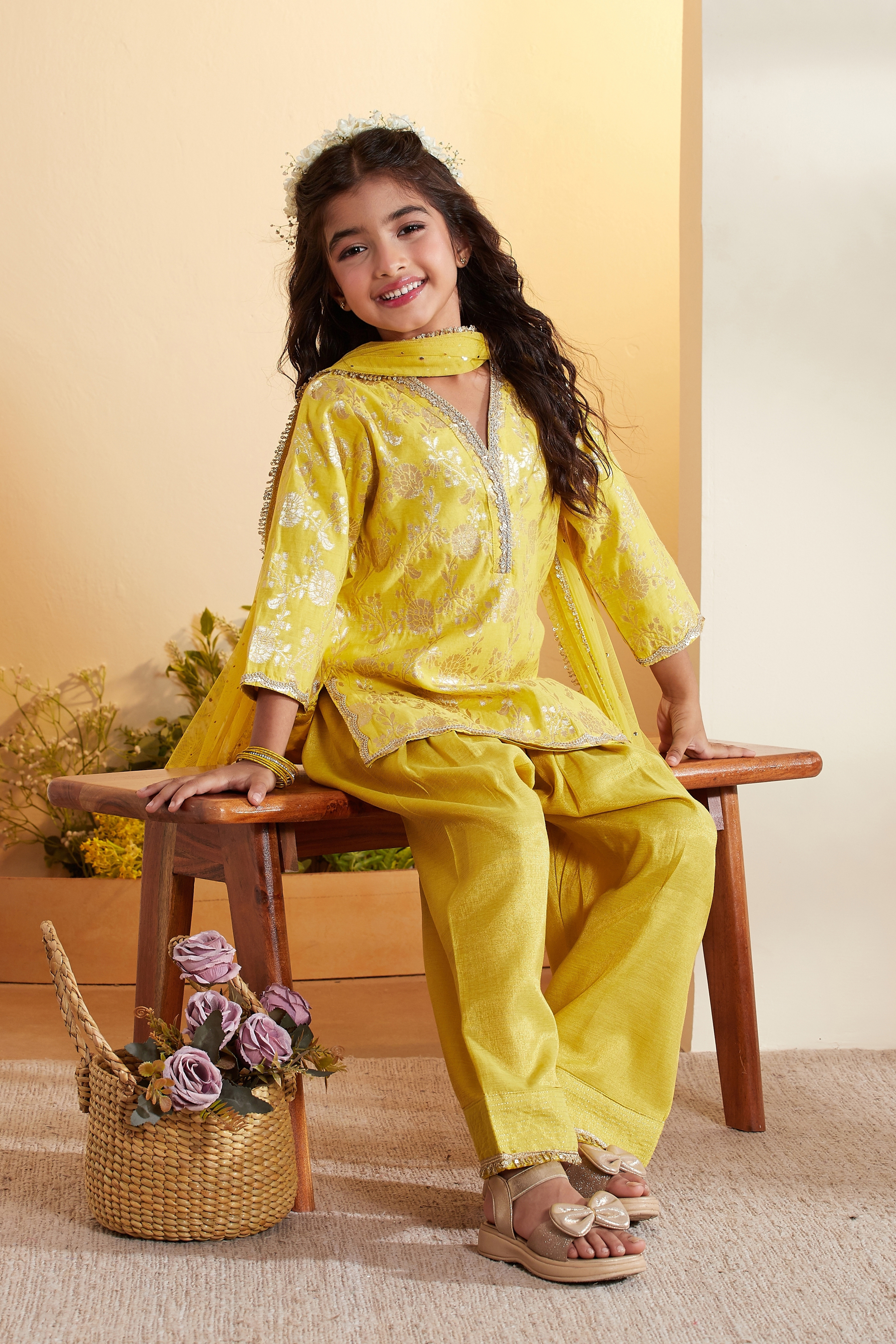 Yellow Floral Motifs Yarndyed Straight Kurta Set image number 0