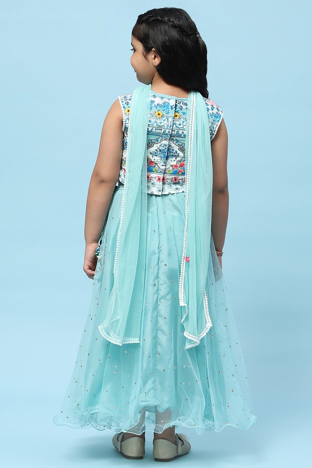 Sea Green Cotton Printed and Glittered Lehenga Set image number 5