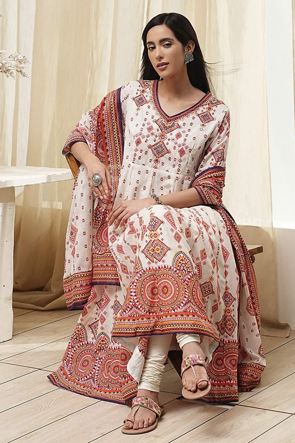 Ecru Cotton Printed Anarkali Suit Set image number 0