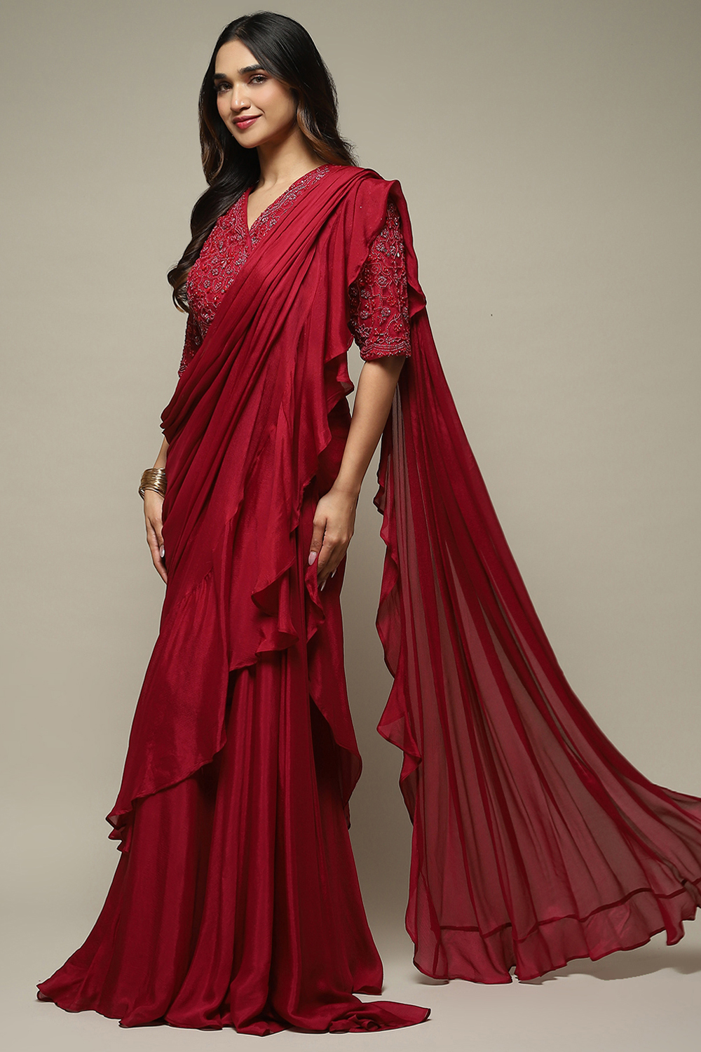 Dusty Pink Pre-Draped Nylon Saree With A Stitched Blouse image number 3