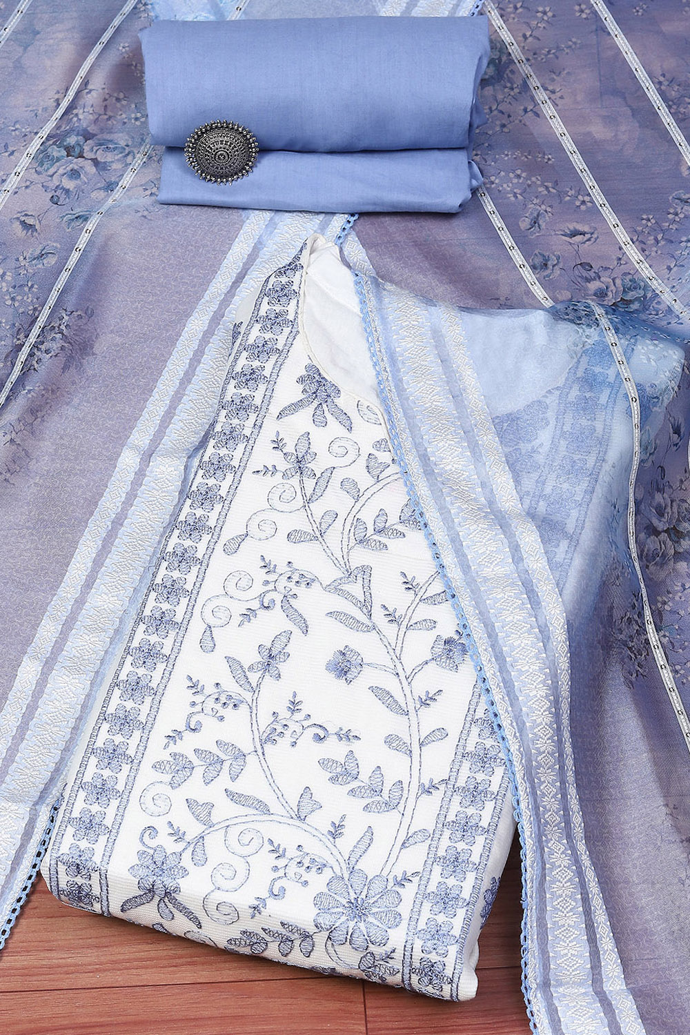 White Blue Cotton Blend Unstitched Suit set image number 0