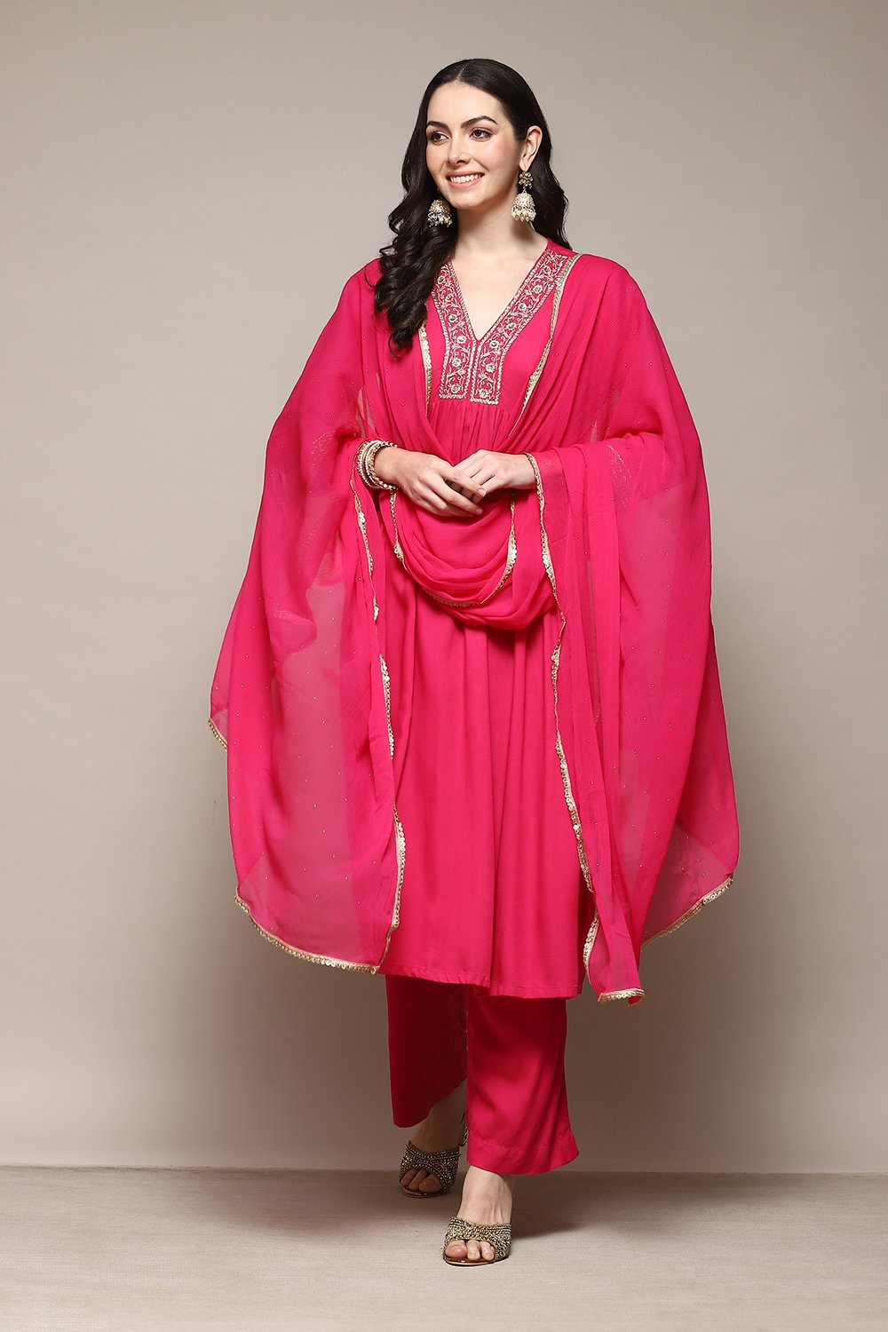 Fuchsia LIVA Gathered Kurta Palazzo Suit Set image number 7