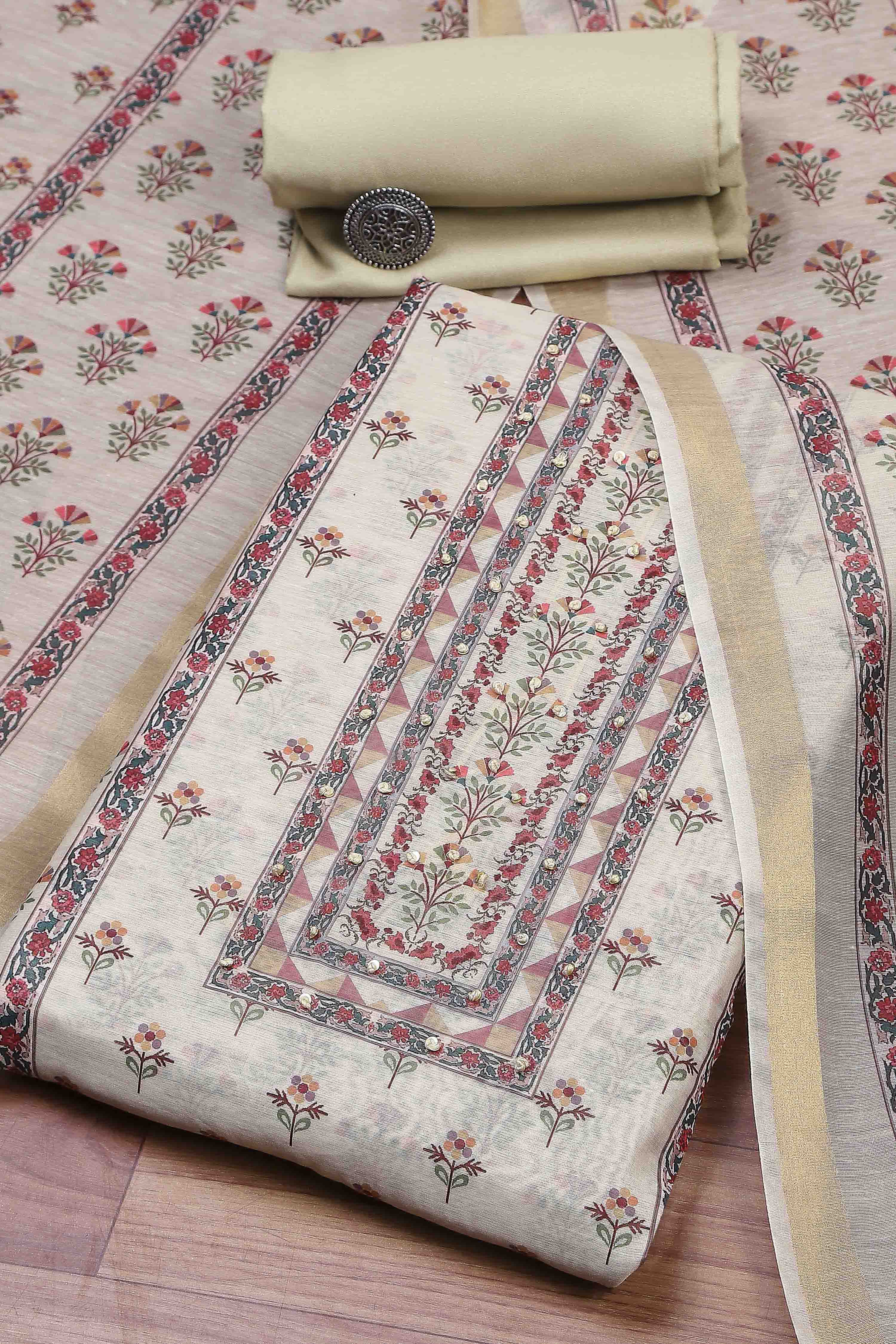 Cream-Toned Muslin Rajasthani Print Unstitched Suit Set image number 0