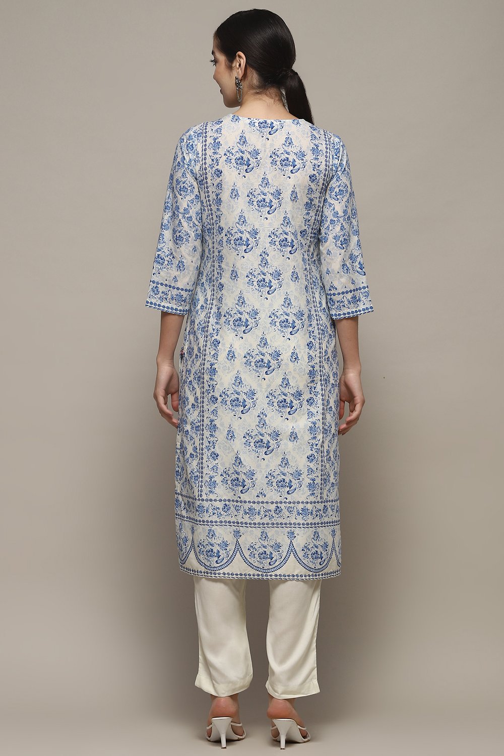 Off-White and Blue Cotton Floral Straight Suit Set image number 5