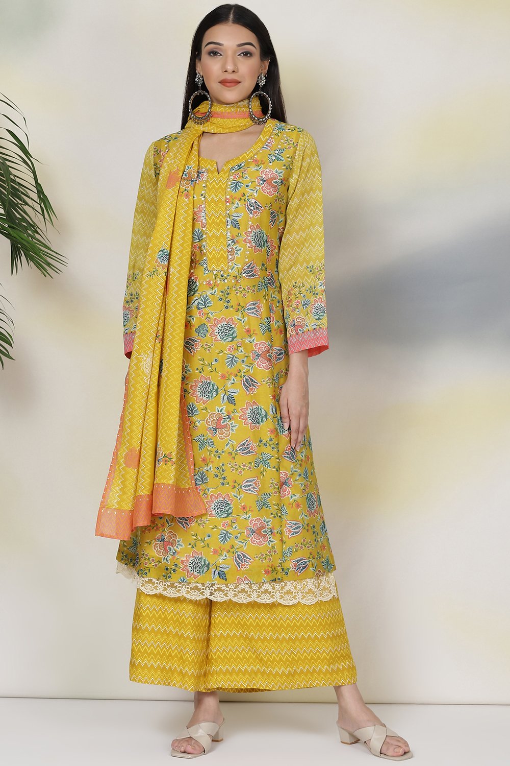 Yellow Cotton Silk Double Layered Kurta Flared Palazzo Suit Set image number 0