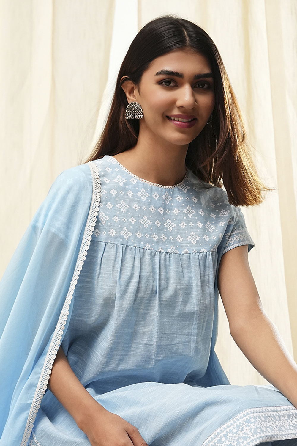 Light Blue Cotton Gathered Suit Set image number 7