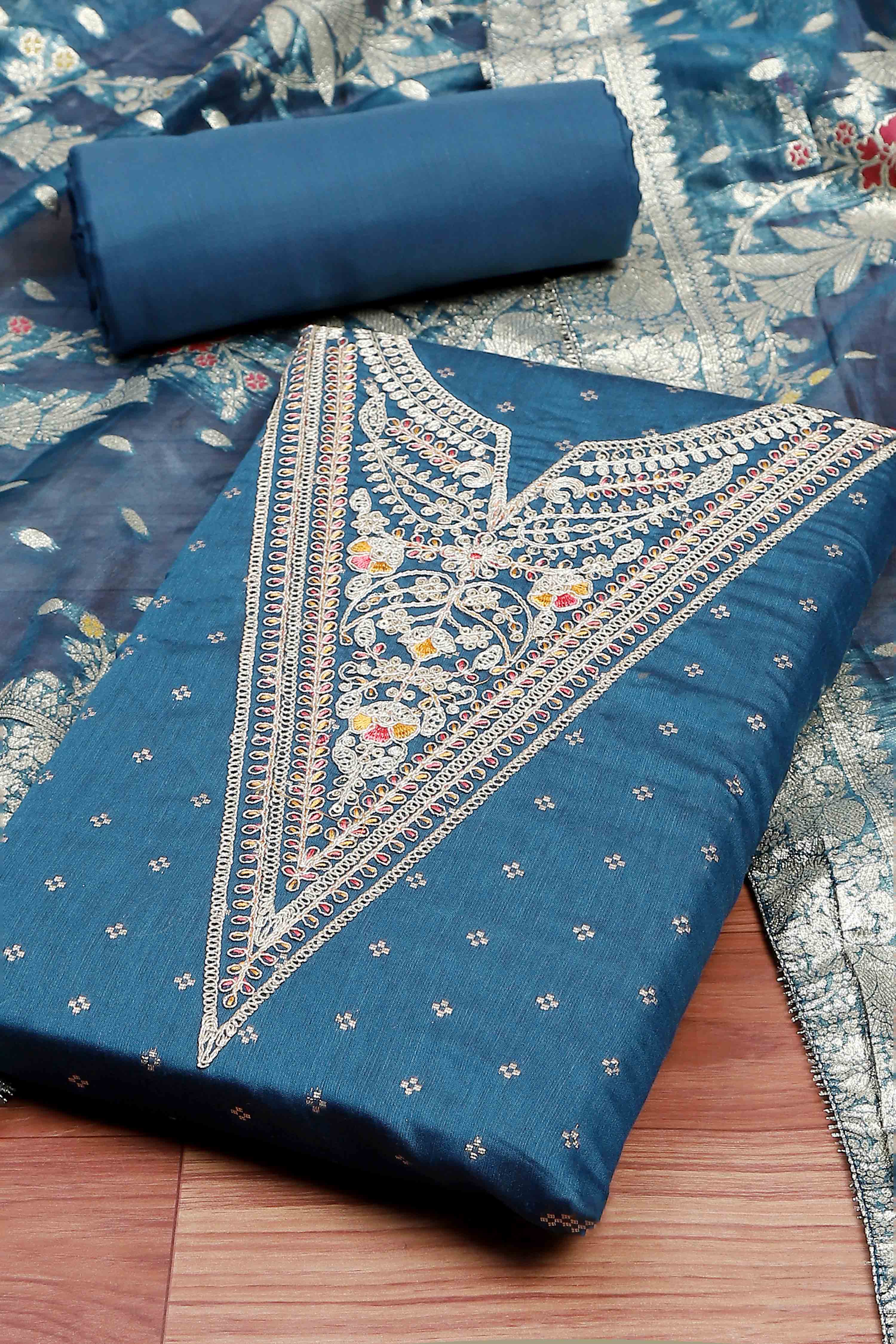 Botle Green Tissue Chanderi Embroidered Unstitched Suit Set image number 1