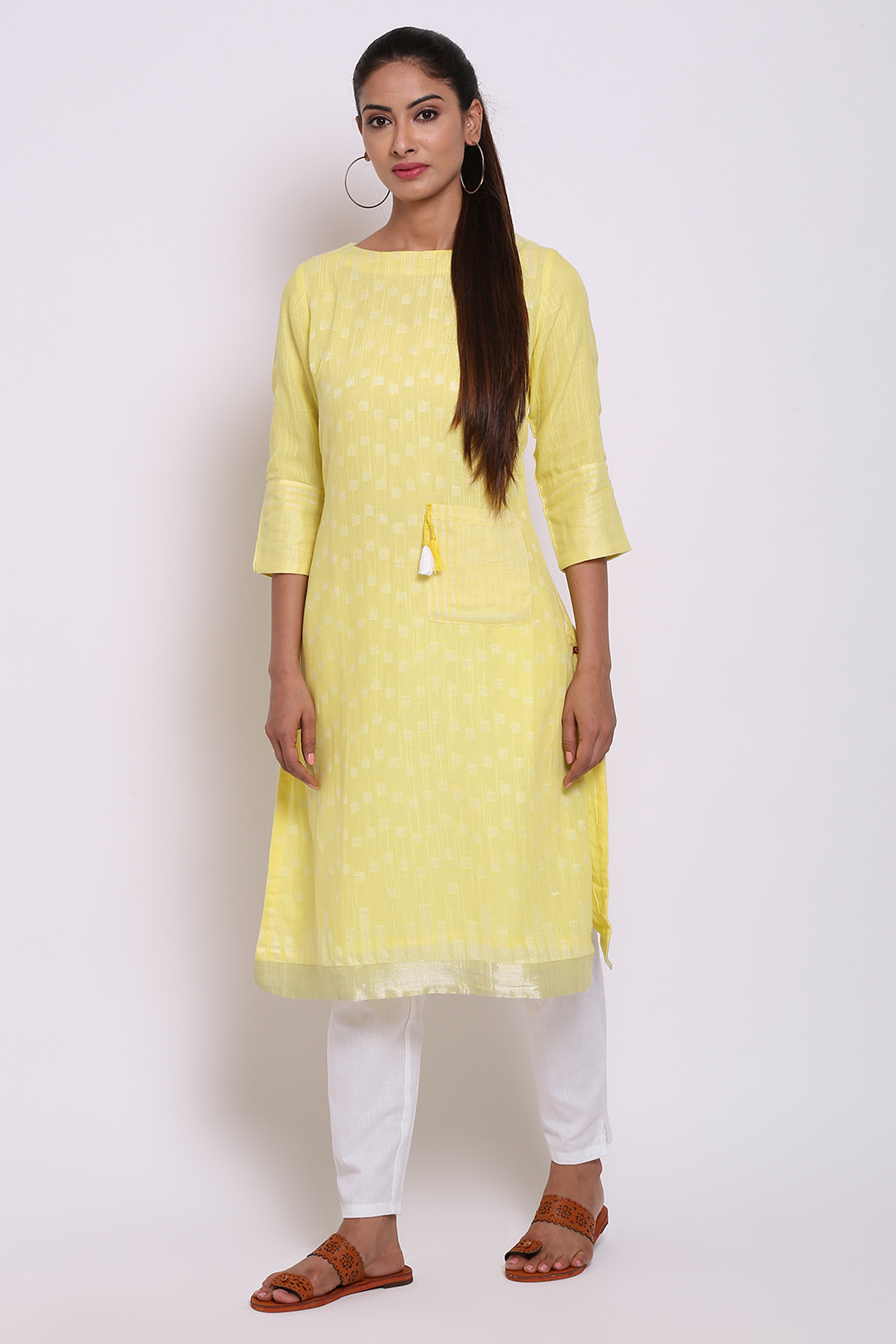 Yellow Viscose Cotton A-Line Yarndyed Kurta image number 3