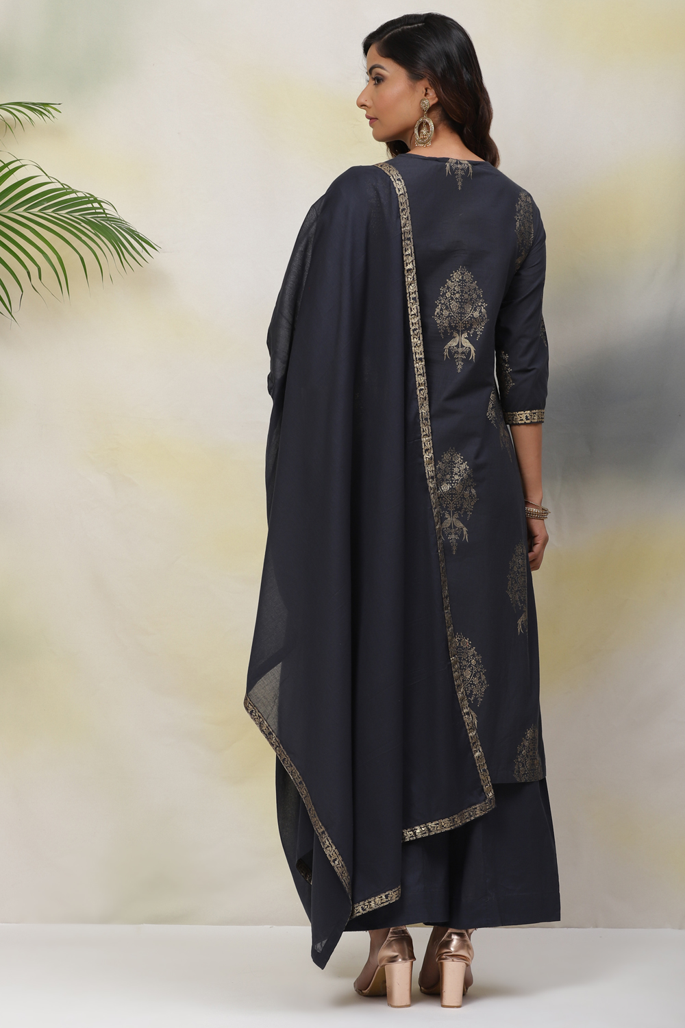 Dark Navy Cotton Straight Kurta Palazzo Suit Set image number 7