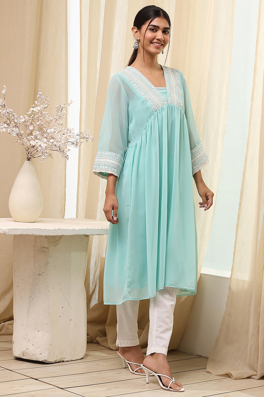 Aqua Polyester Straight Kurta image number 4