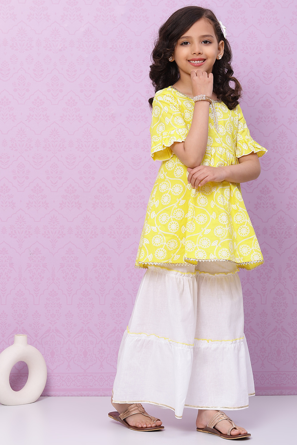 Lime Yellow Cotton Short Printed Kurta image number 6