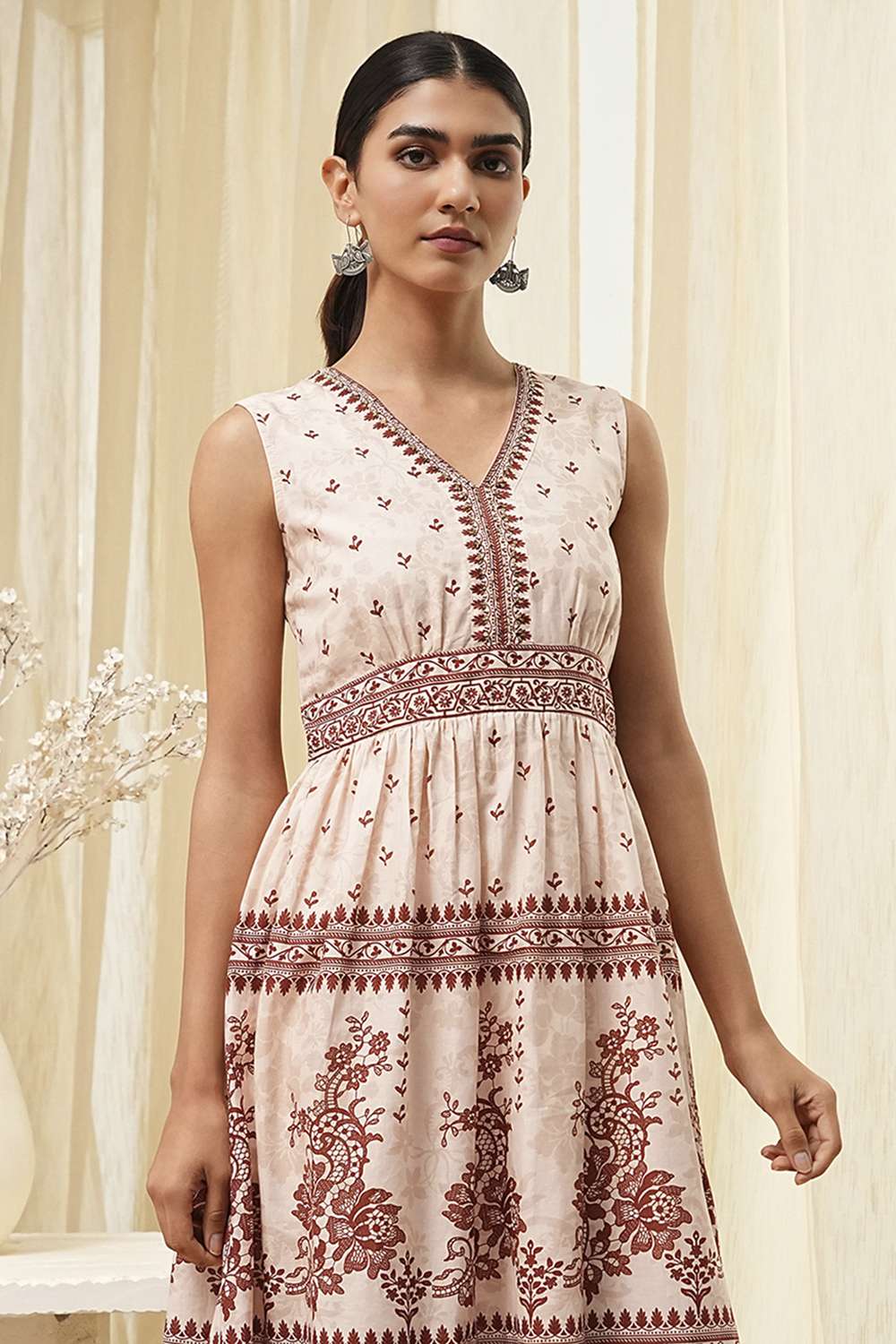 White and Rust Cotton Tiered Dress image number 1