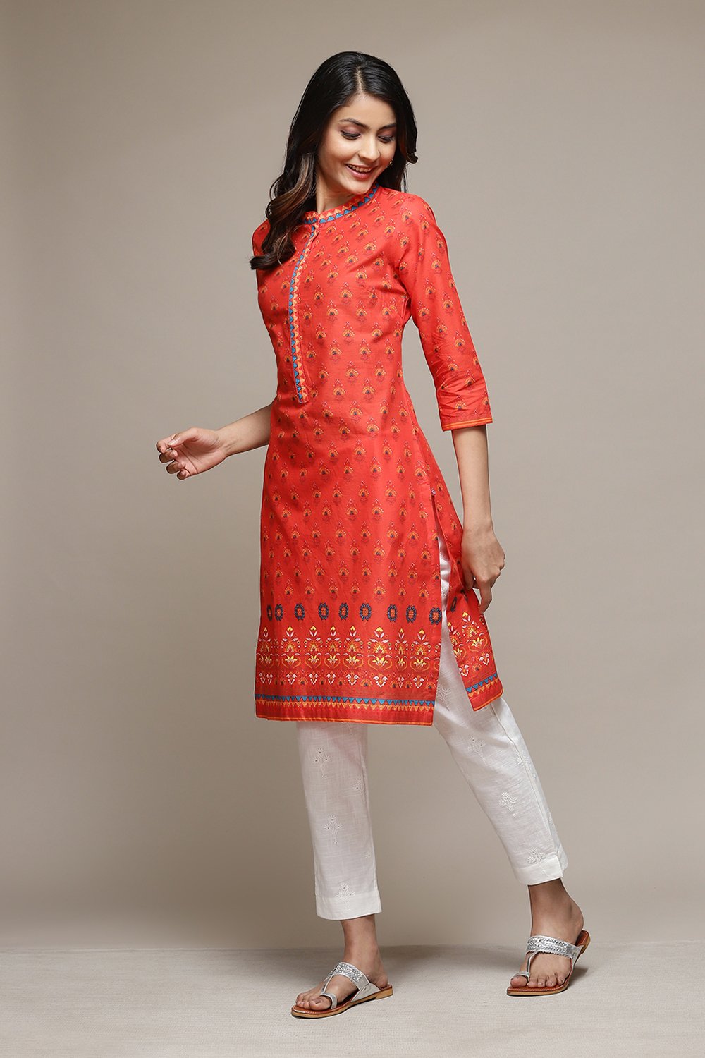 Orange Cotton Straight Printed Kurta image number 2