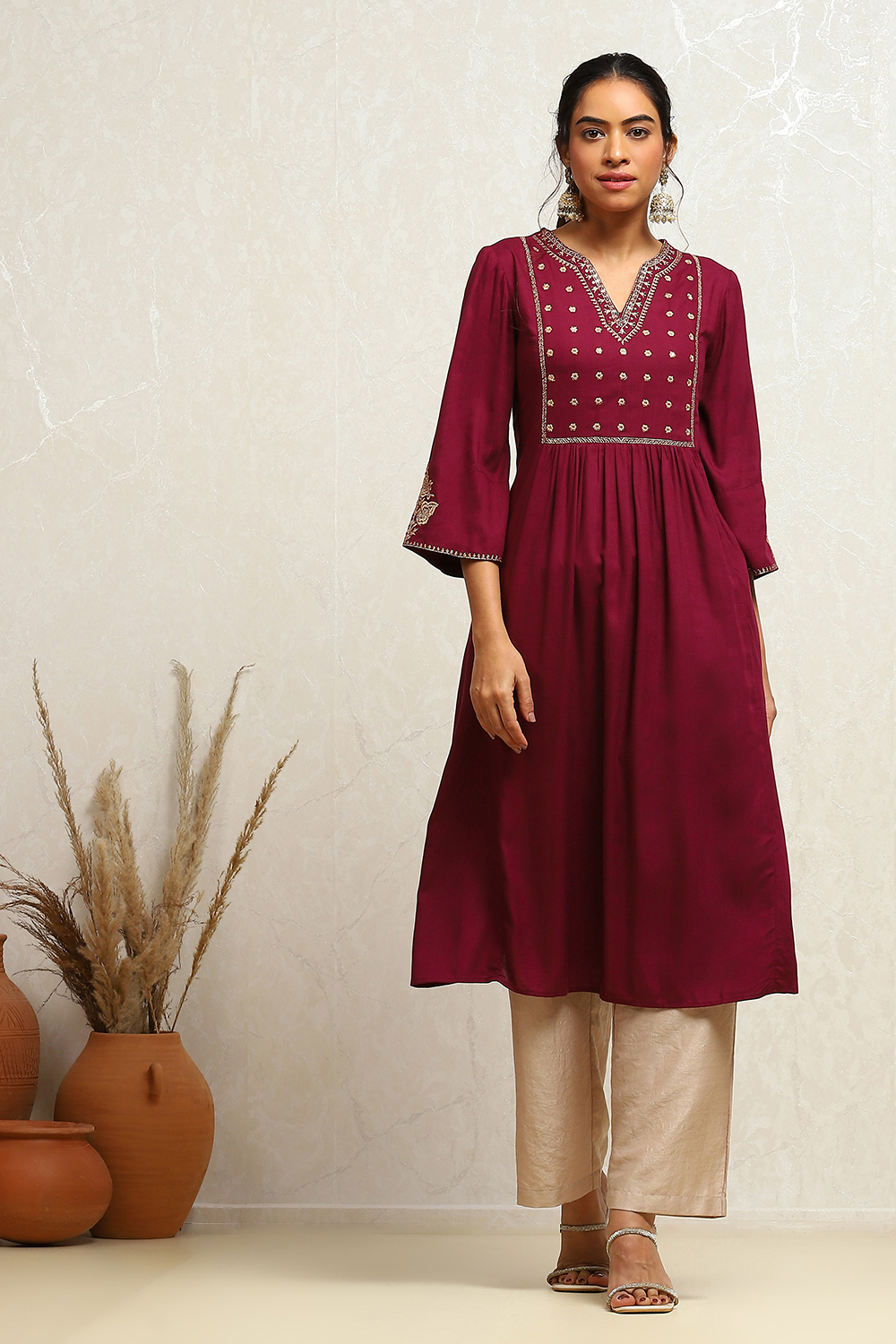 Orange Yoke Design Festive A-Line Kurta image number 5
