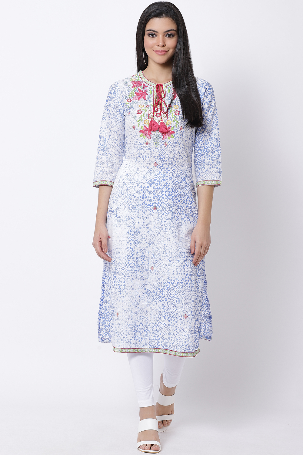 Blue Cotton Straight Printed Kurta image number 0