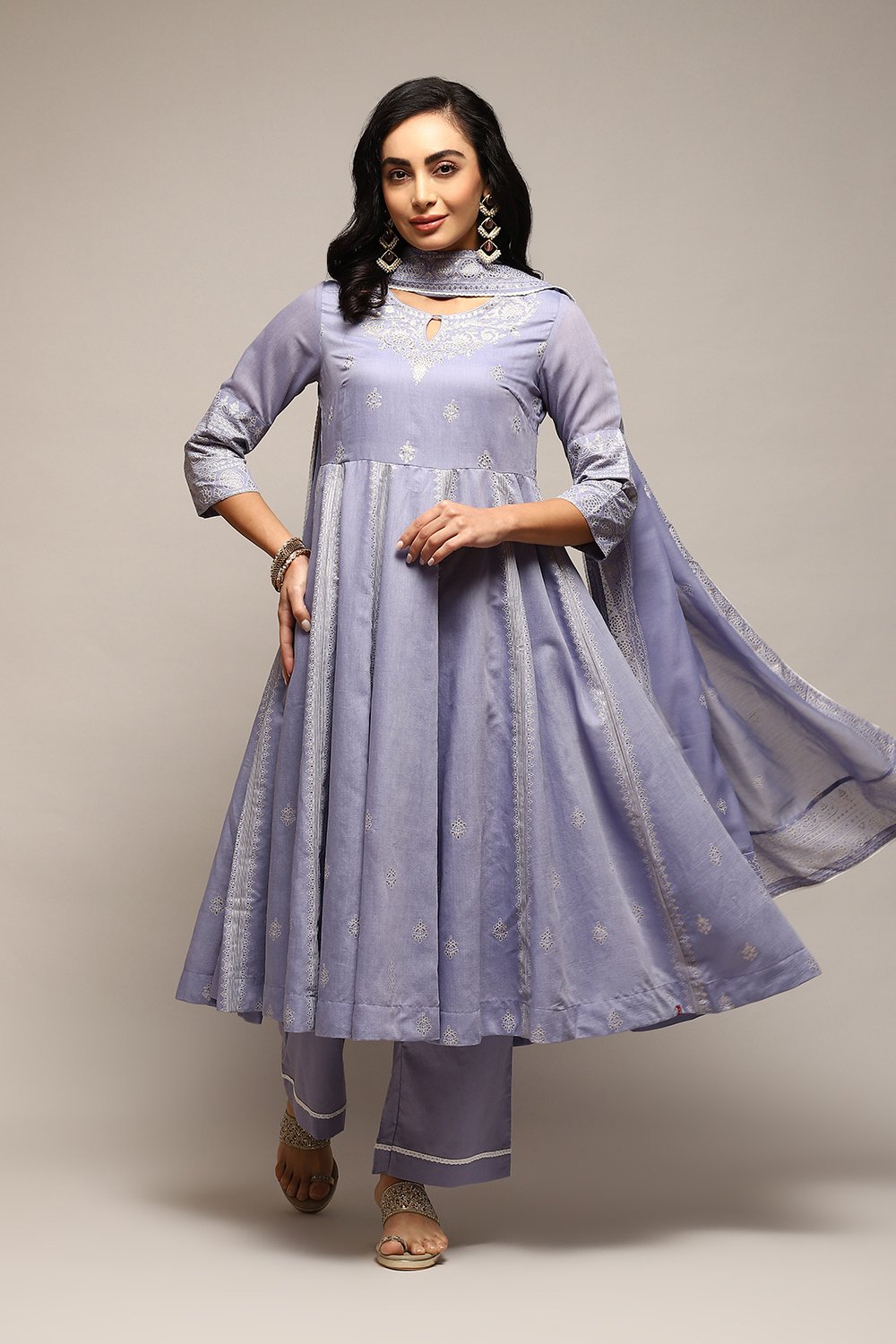 Blue Poly Cotton Anarkali Kurta Palazzo Suit Set image number 0