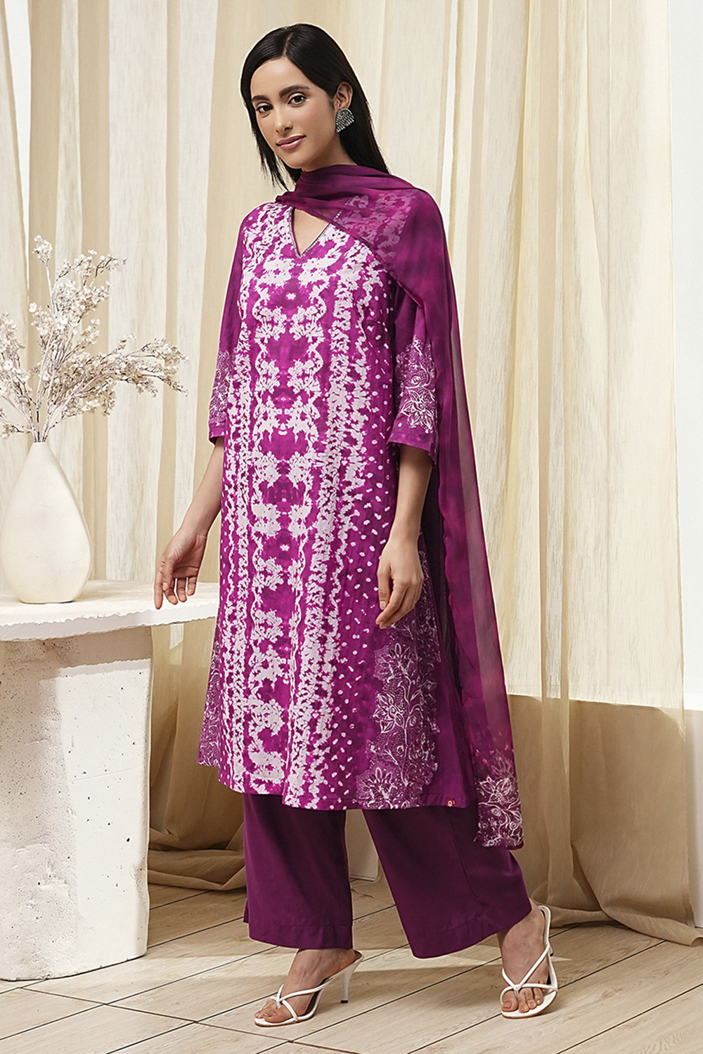 Berry Purple Cotton Straight Suit Set image number 3