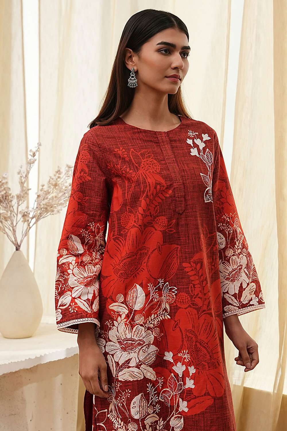 Rust Cotton Floral Straight Kurta Set image number 1
