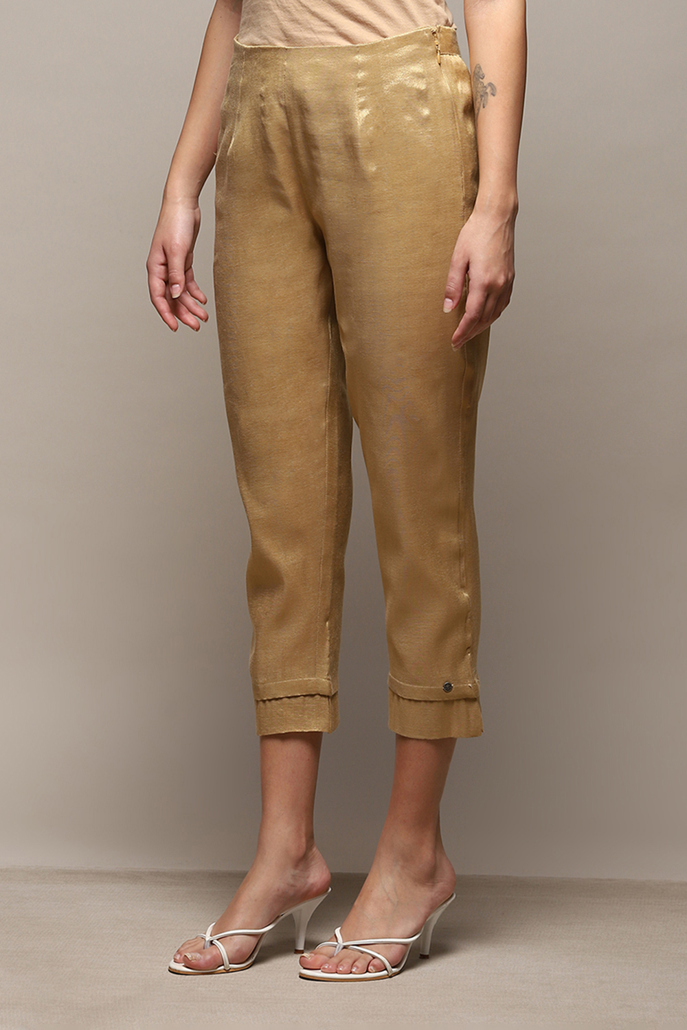 Antique Gold Polyester Slim Yarndyed Pants image number 2