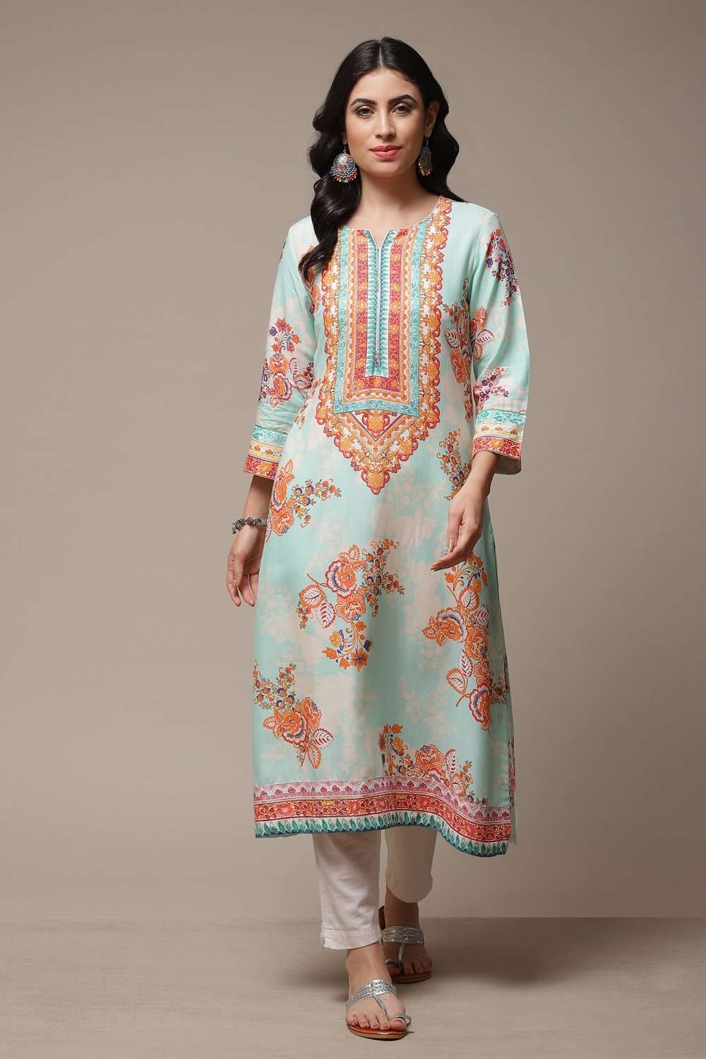 Sky Blue LIVA Straight Printed Kurta image number 1