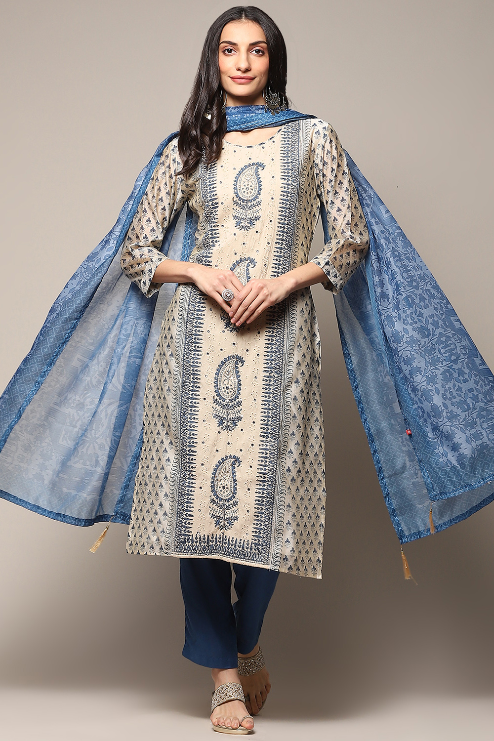 Beige Blue Chanderi Unstitched Suit set image number 1