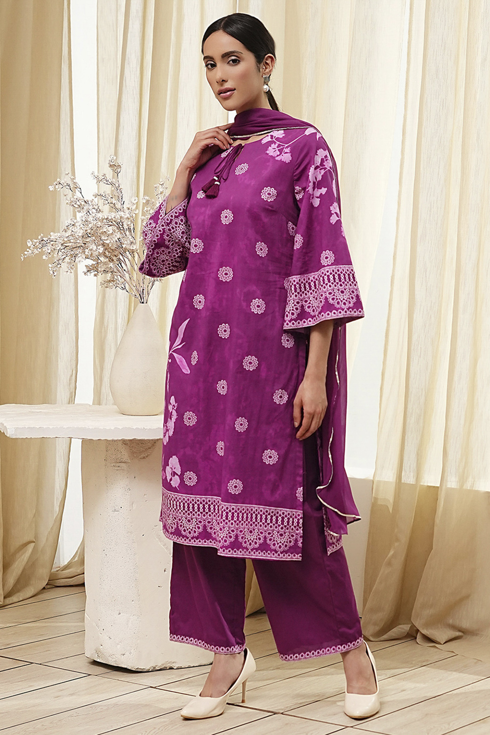 Berry Purple Cotton Straight Suit Set image number 3