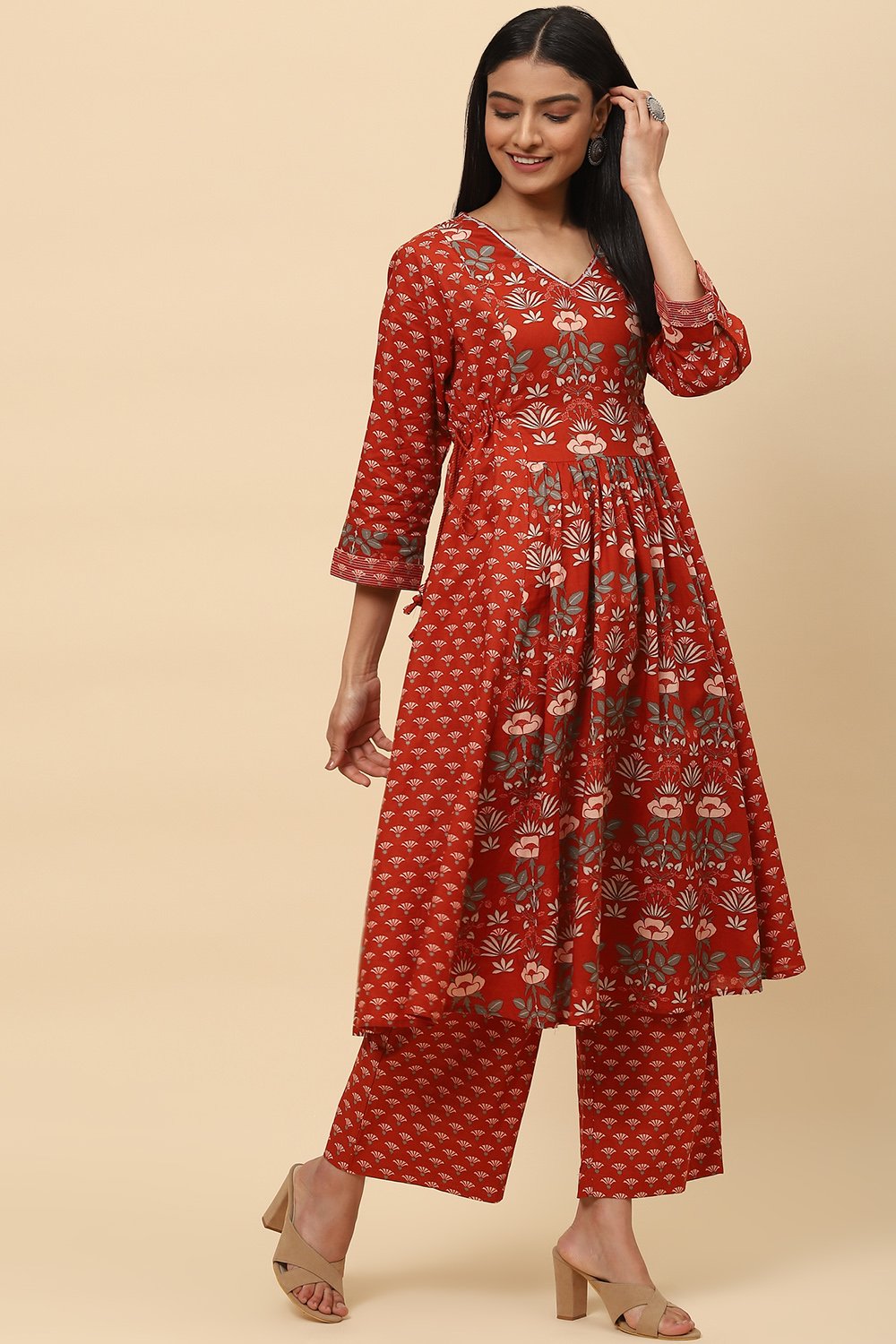 Rust Cotton Flared Kurta Set image number 5