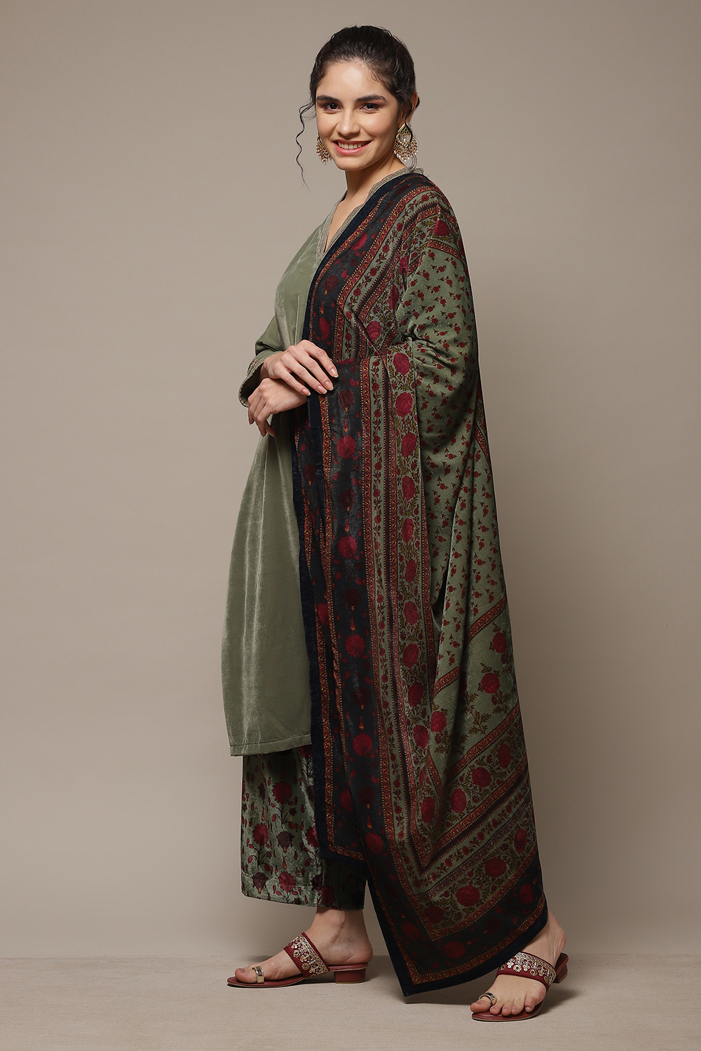 Dark Military Green Art Silk Straight Kurta Palazzo Suit Set image number 3