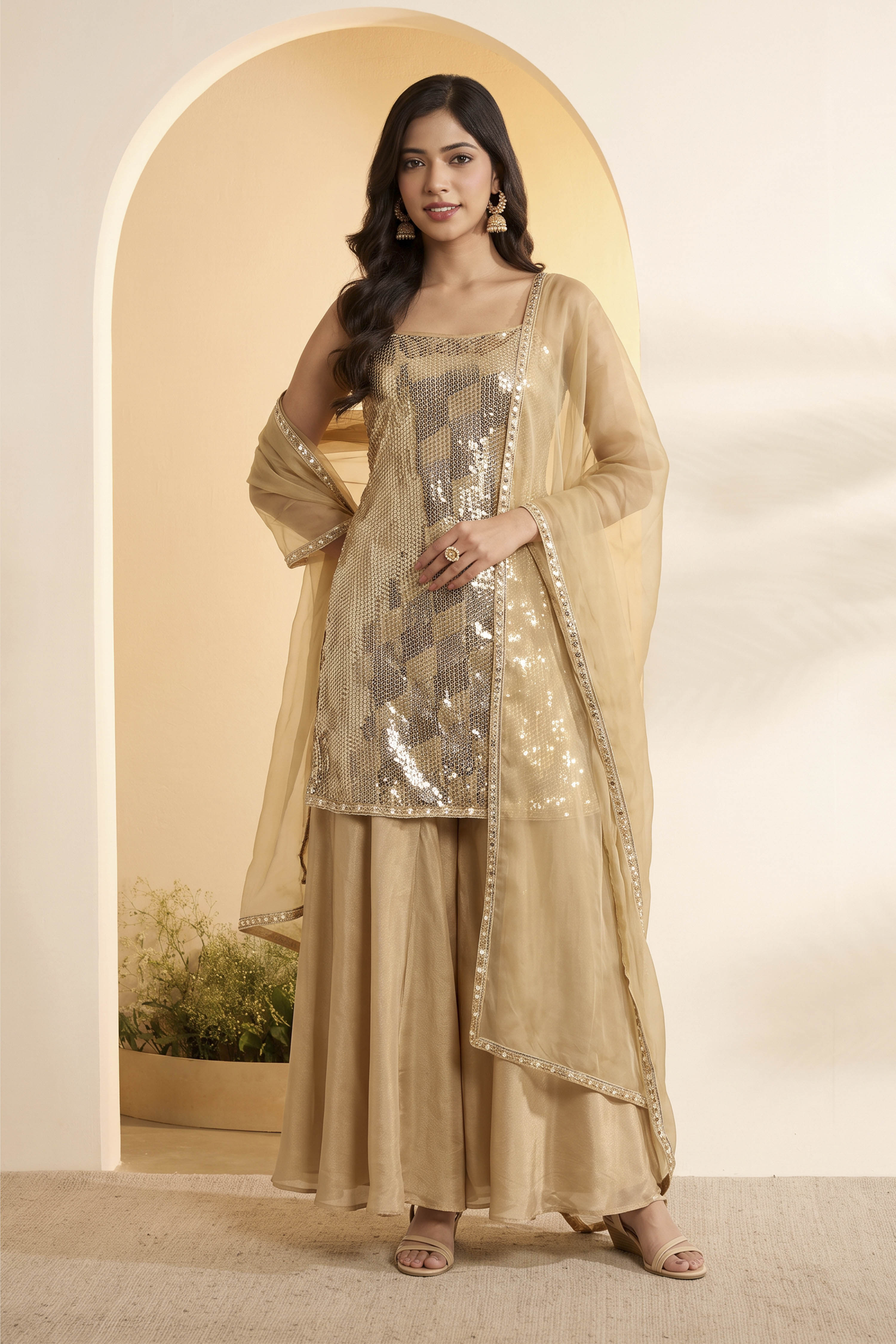 Gold Viscose Georgette Straight Suit Set image number 5