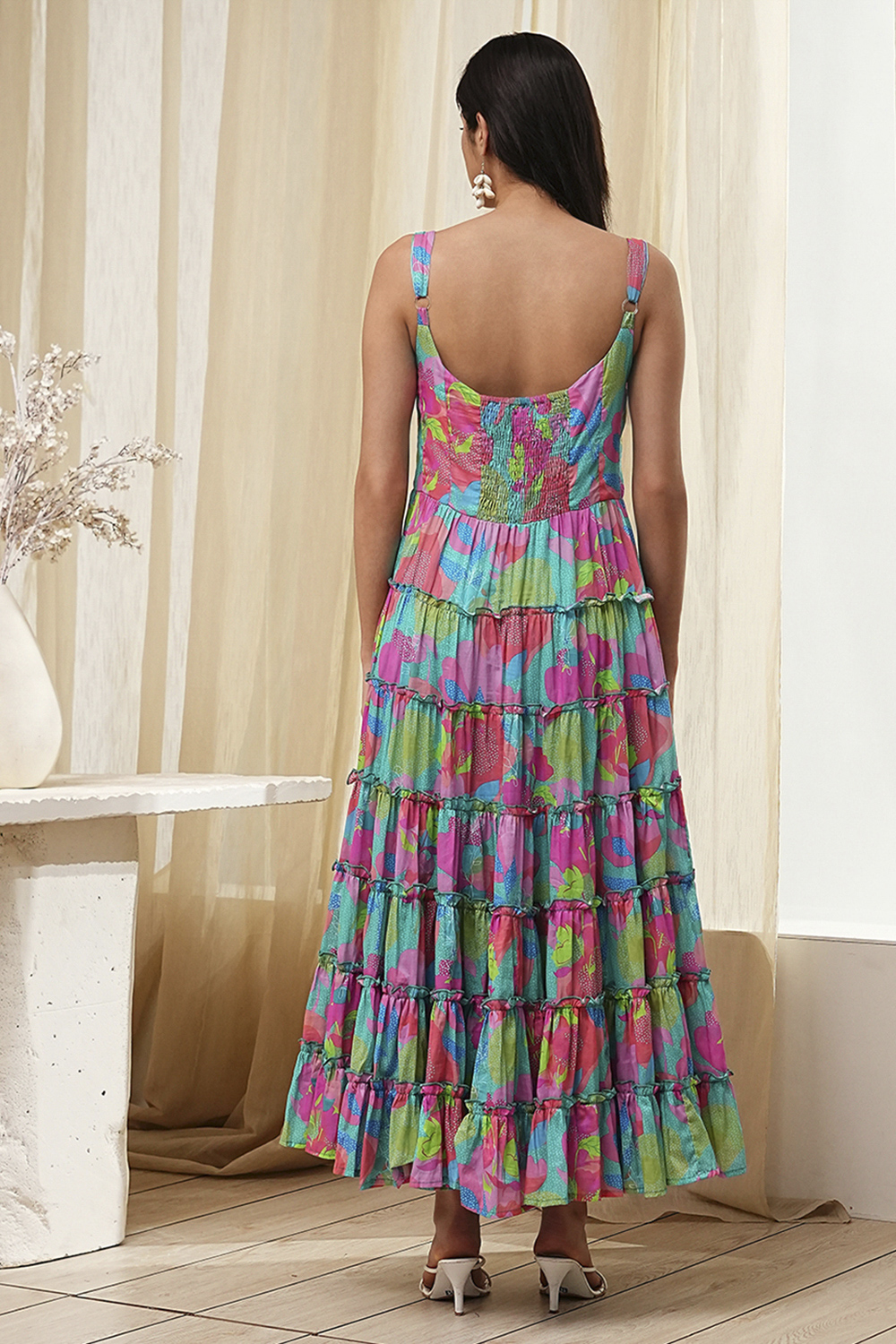 Turquoise Cotton Floral Printed Tiered Dress image number 5