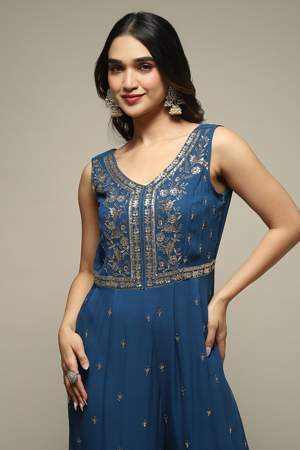 Blue Embroidered Straight Jumpsuit image number 1